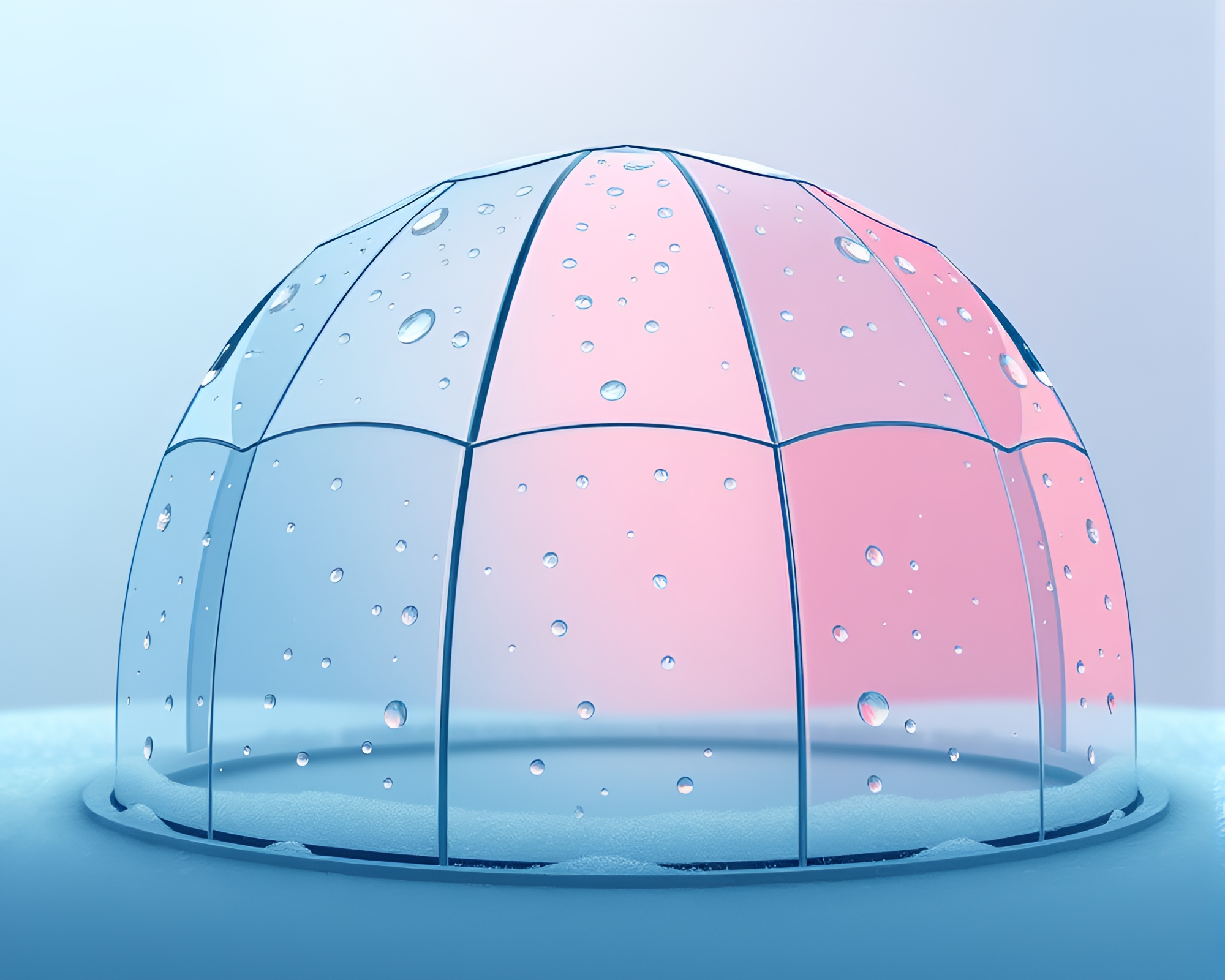 Glass igloo framed by rain droplets in flat design – free AI stock image