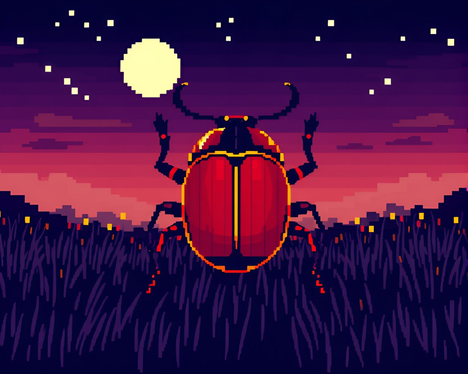 Pixel art beetles marching in moonlight through gridded overlay