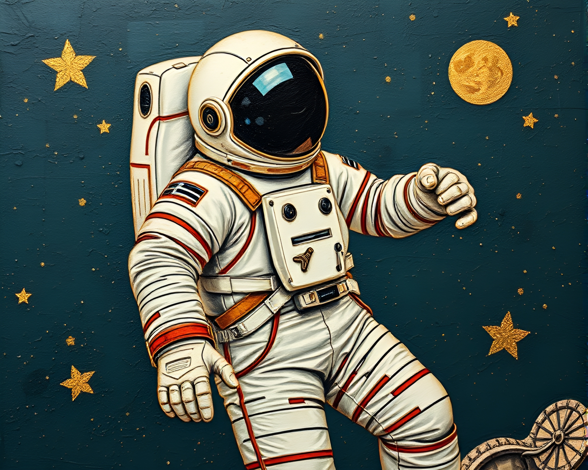 Tilted Astronaut exploring golden savannah in sgraffito style – free AI stock image