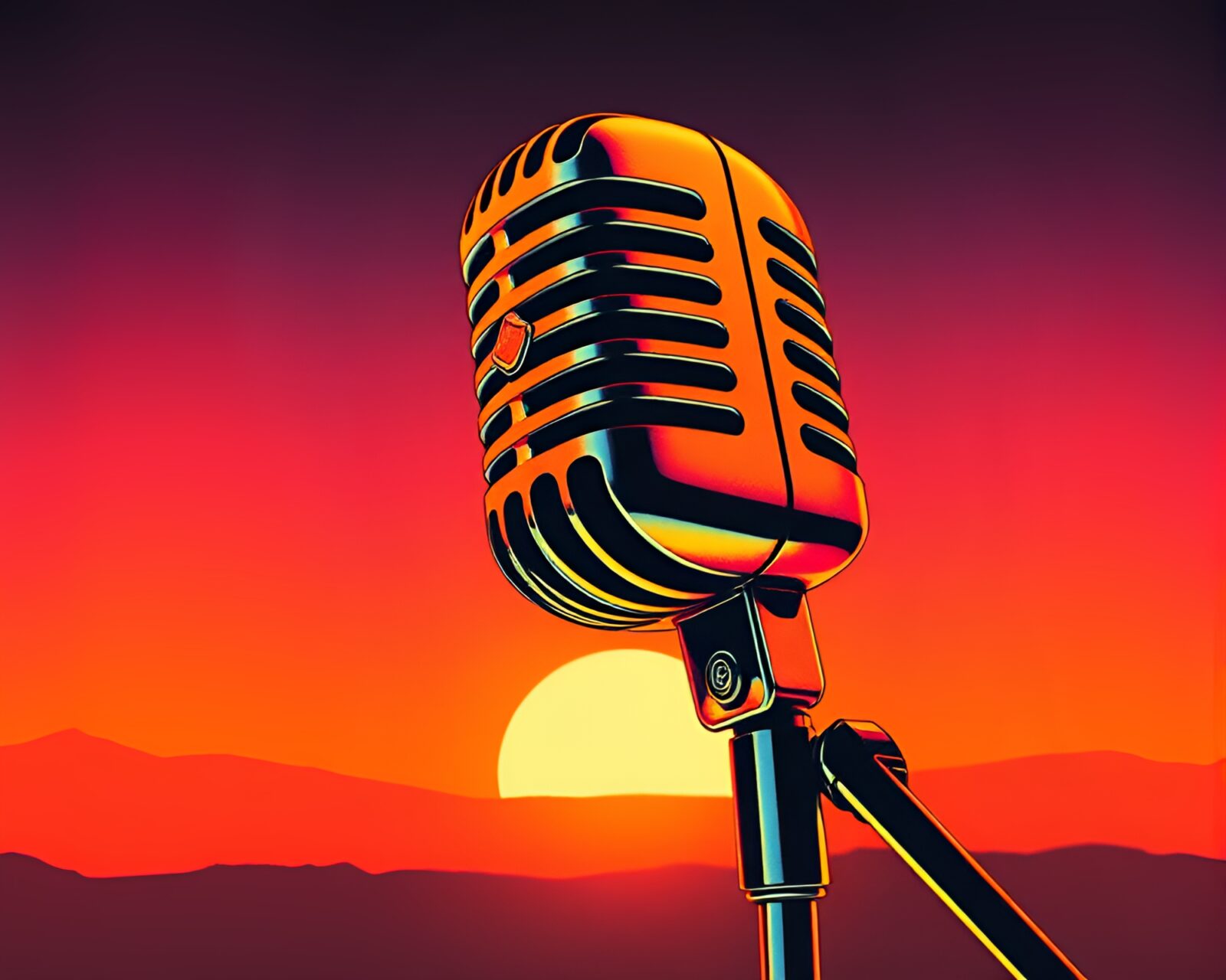 Retro futuristic microphone in sunset orange foil stamping
