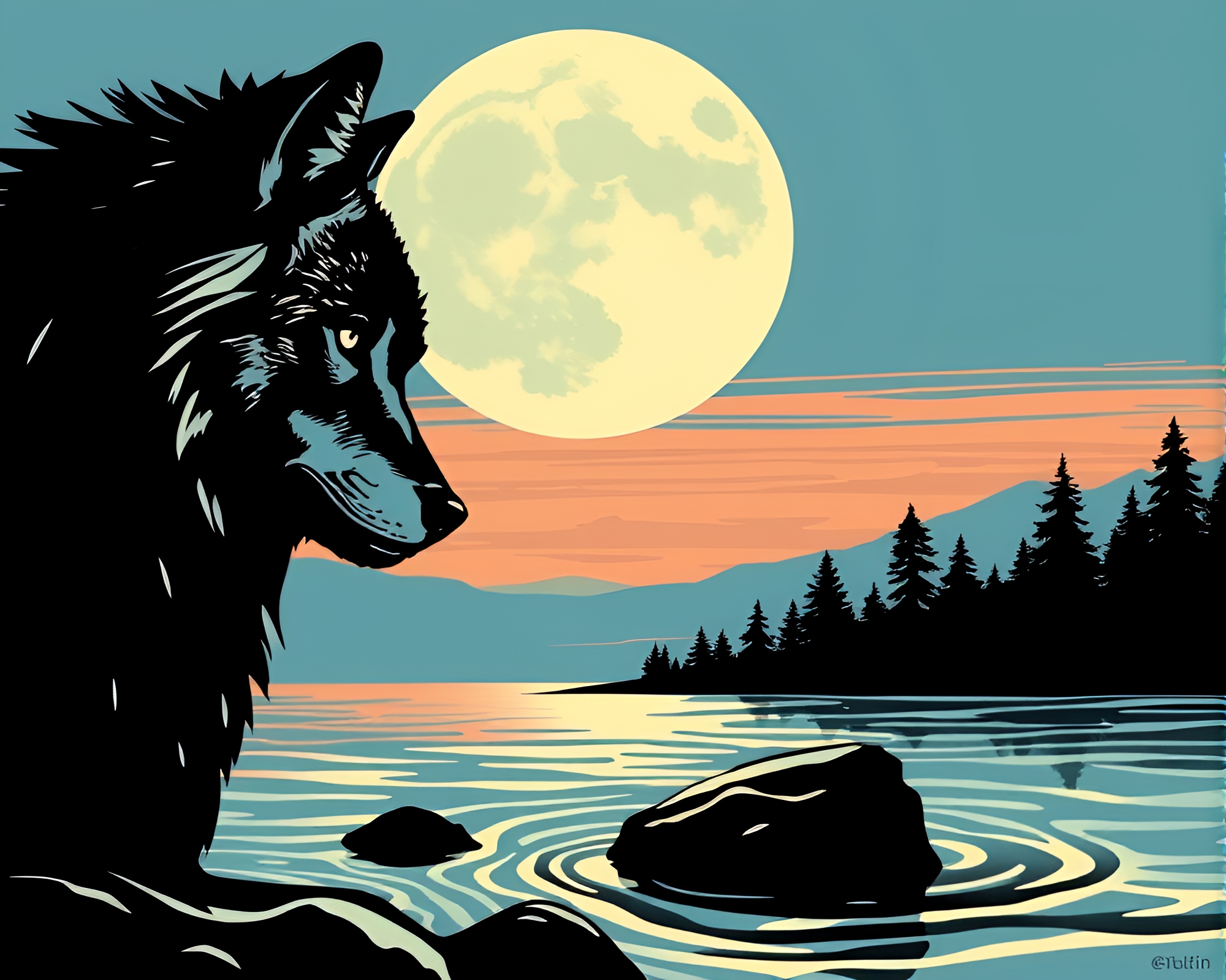 Moonlit Wolf Howling in Distorted Waters at Sunset – free AI stock image