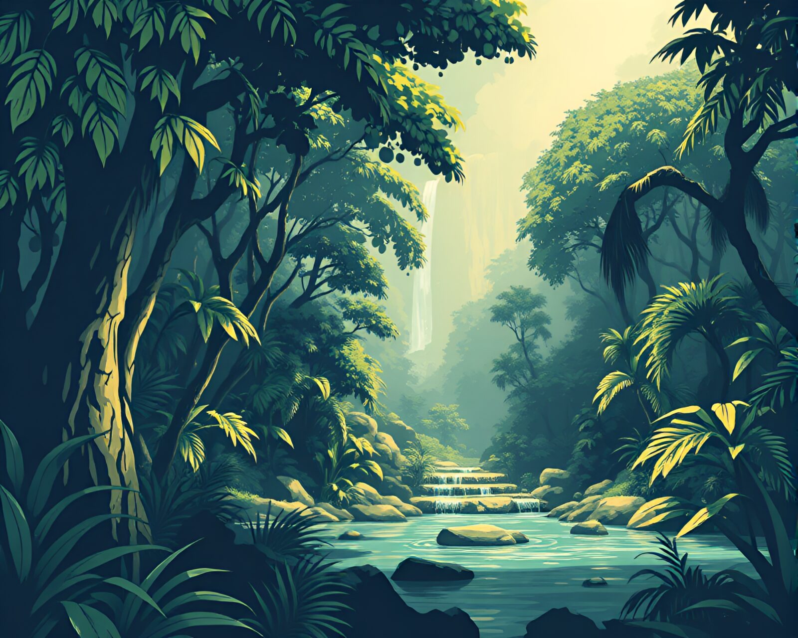 Lush green jungle canopy with geysers in vector design