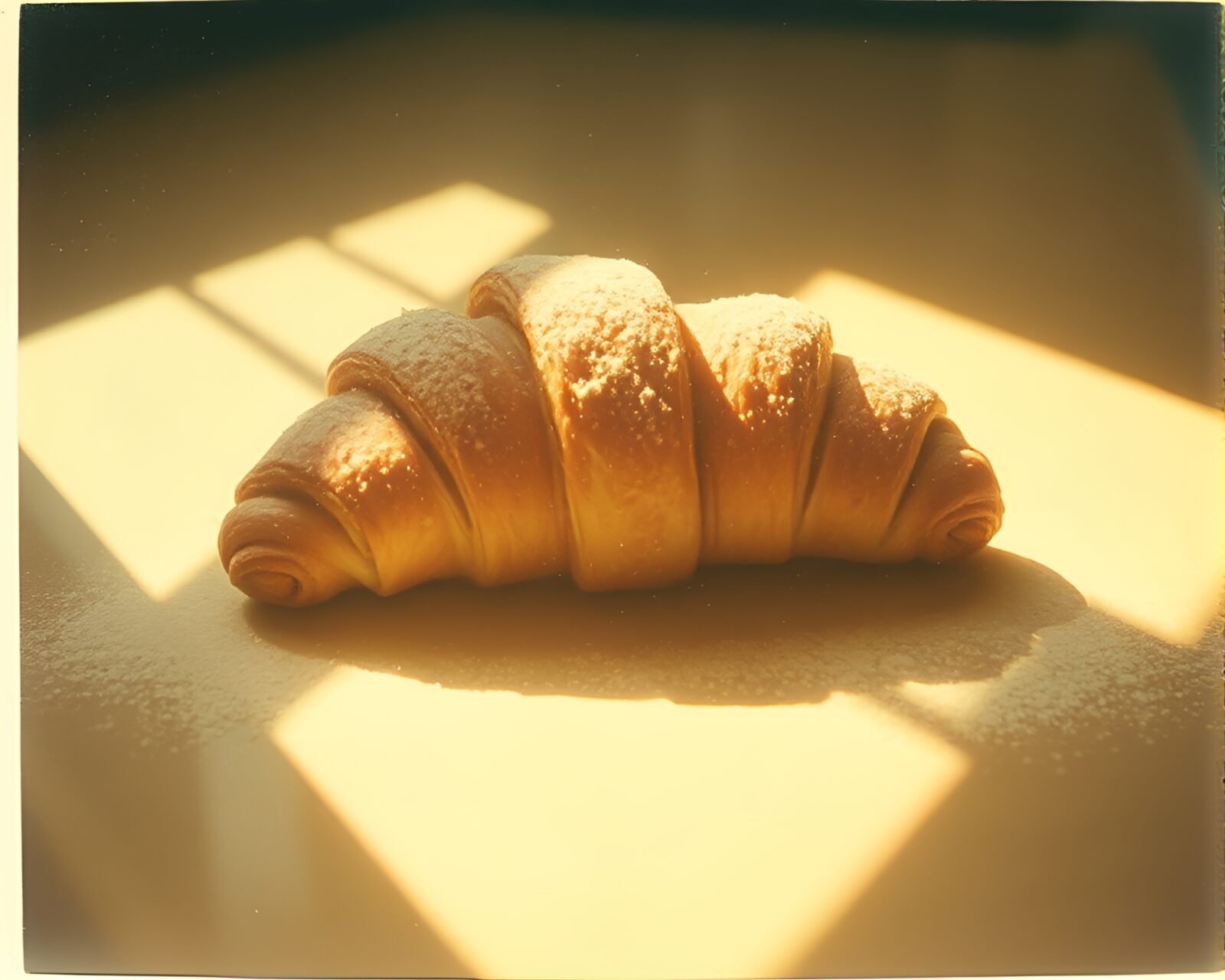 Warm sunrays illuminating a croissant in a vintage Polaroid
