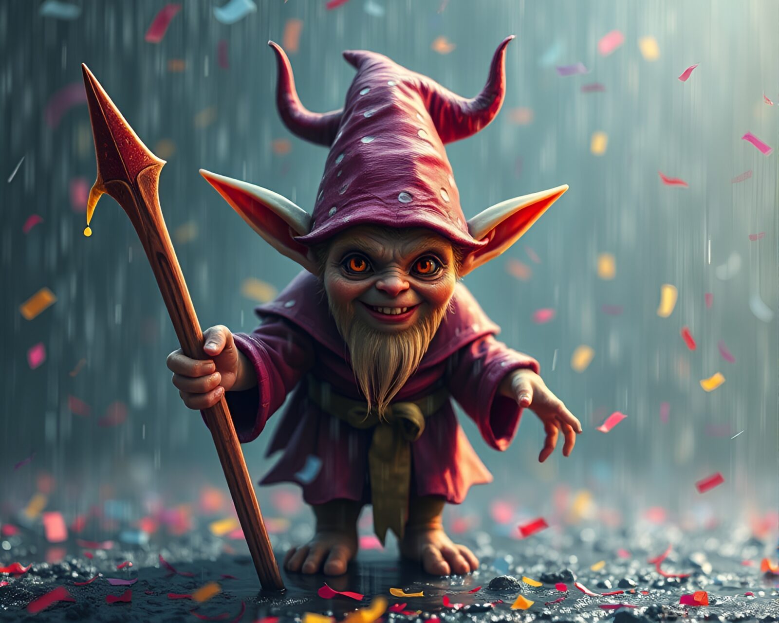 Maximalist goblin-themed art with rain droplets and confetti burst