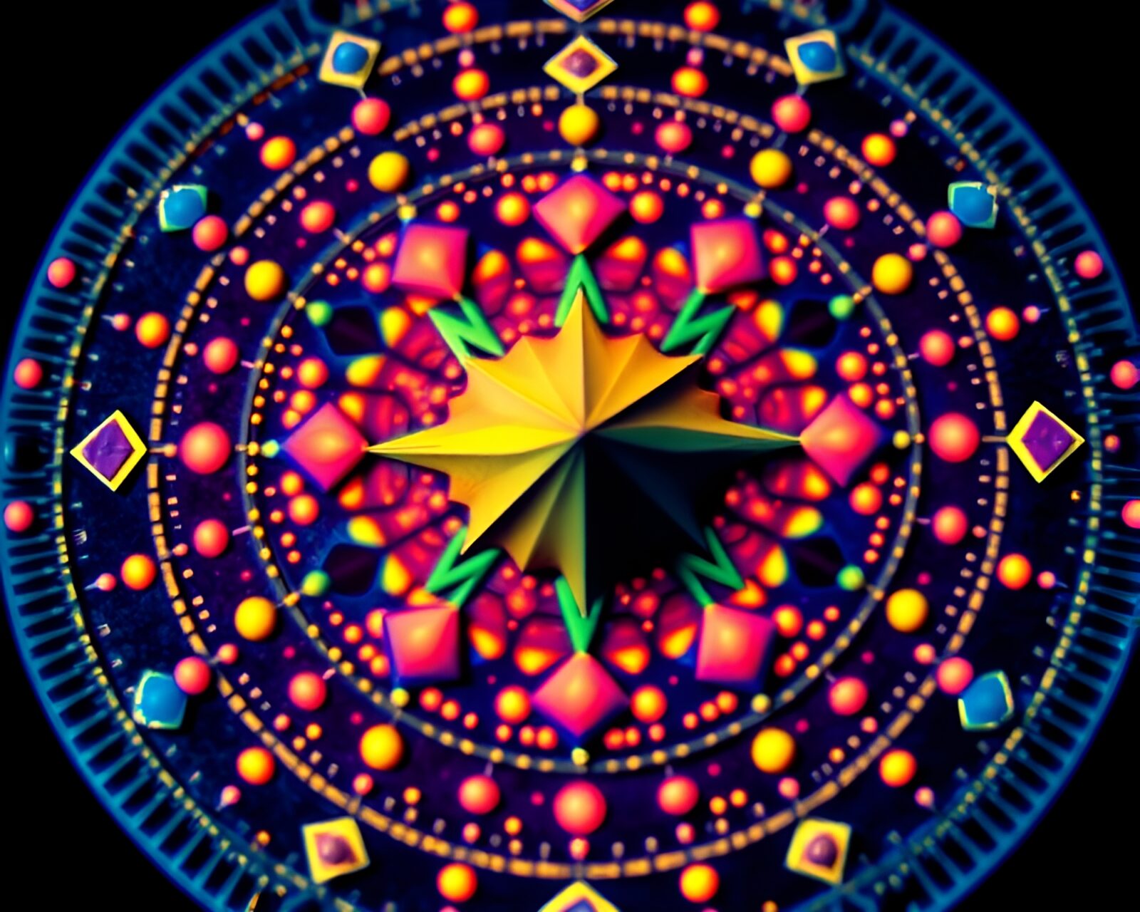 Colorful thermally imaged sundial crafted from origami, dotted with thermal points