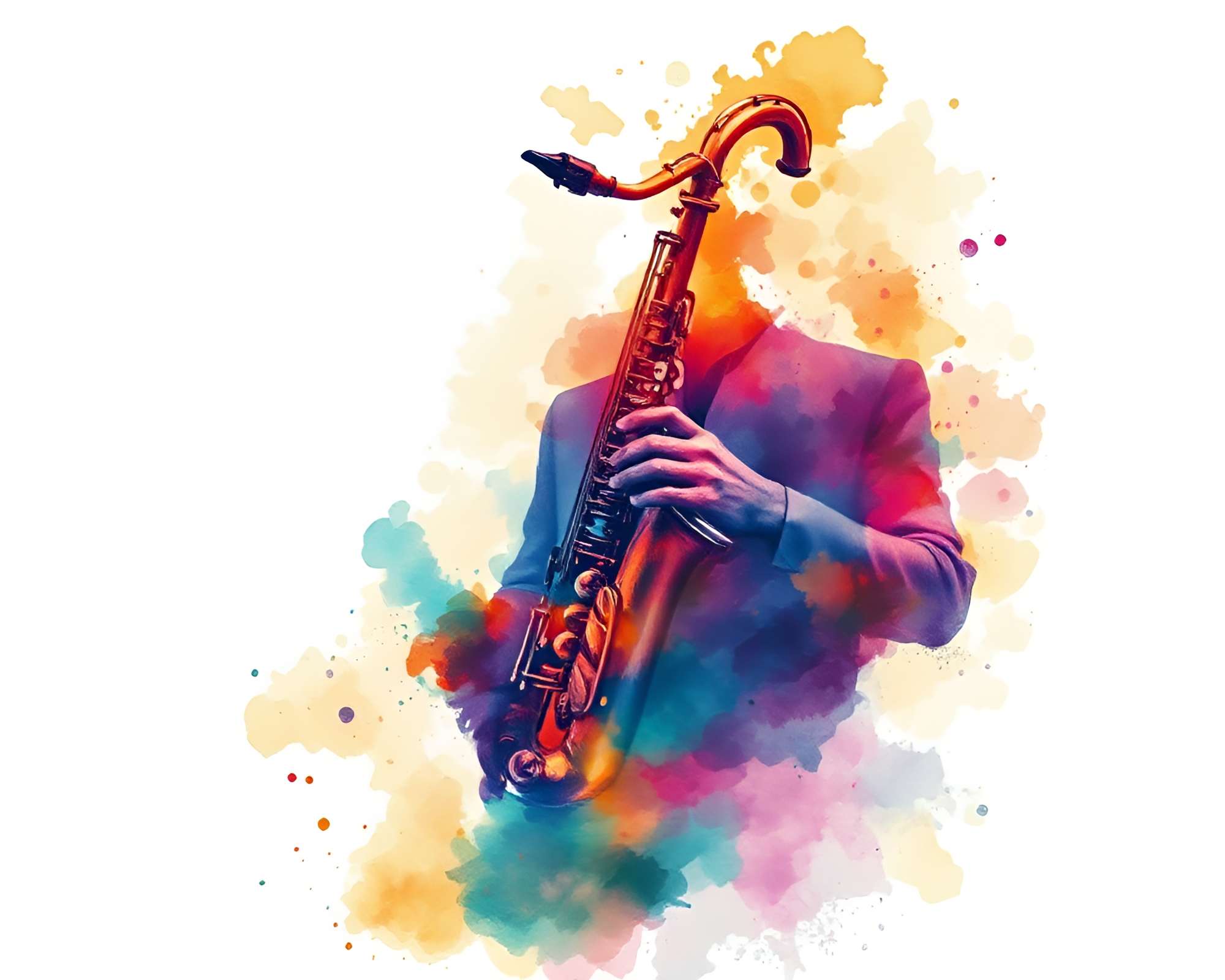 Saxophone Serenade Amidst a Film Burn Watercolor Explosion – free AI stock image