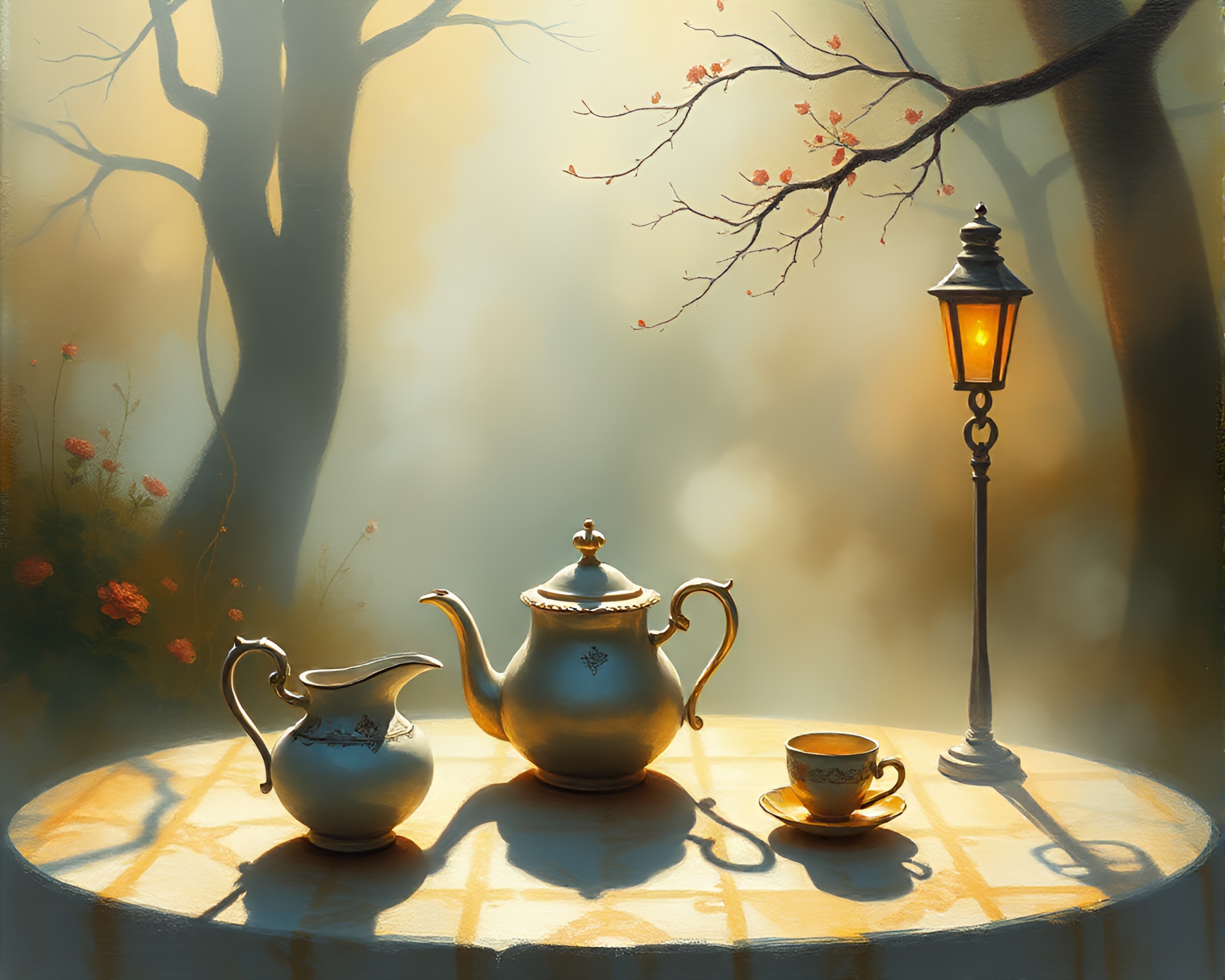 Foggy Wonderland Tea Party Under Midday Sunlight – free AI stock image
