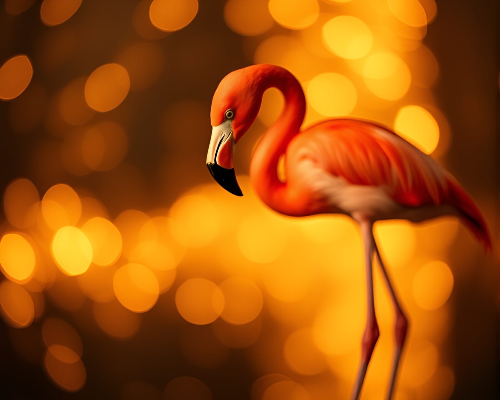 A majestic flamingo surrounded by shimmering gold foil and soft bokeh lights
