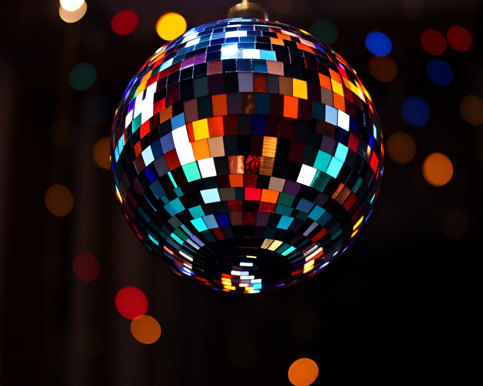 Vibrant disco ball glimmer shining through intricate stained glass design