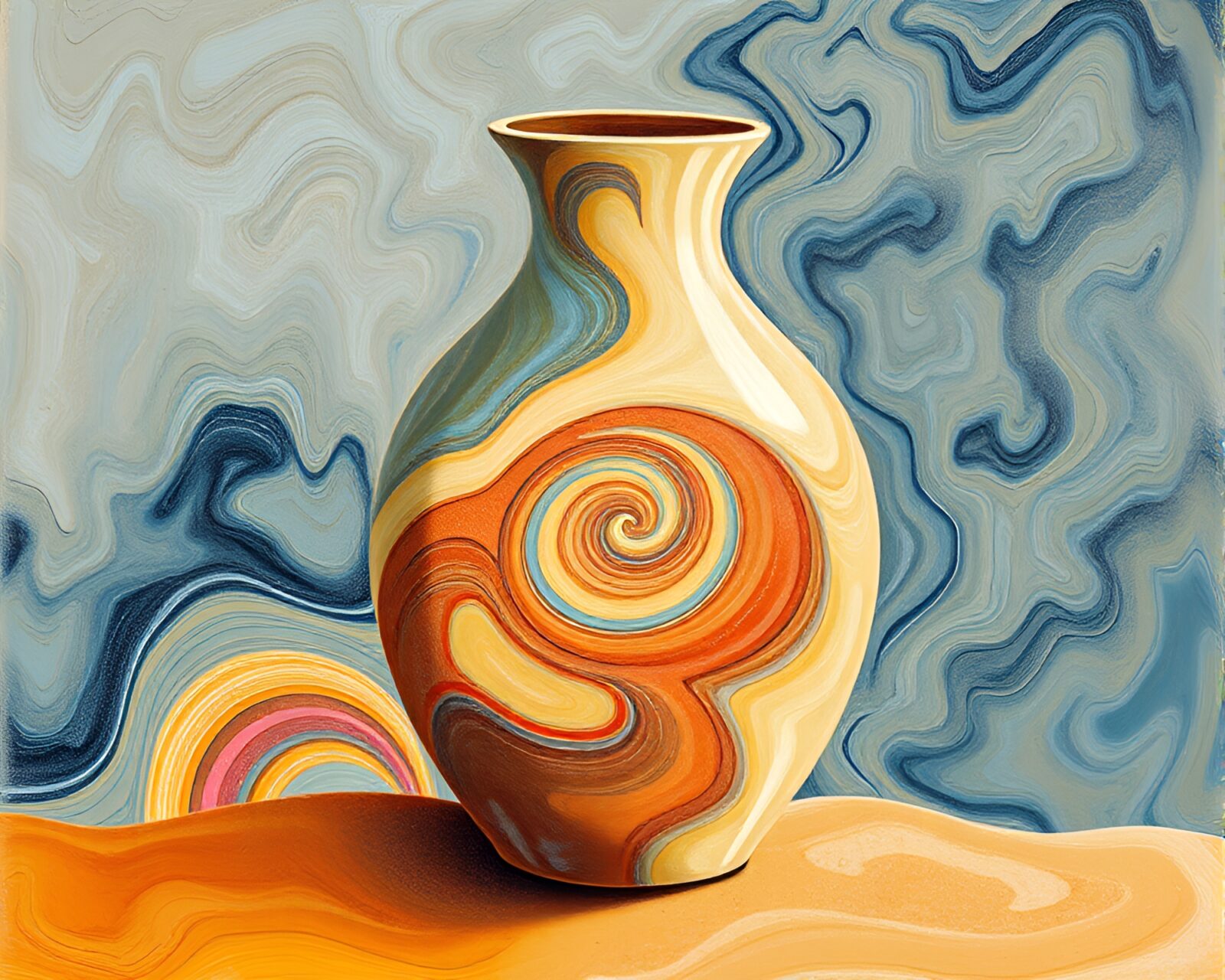 Colorful vase amidst swirling sand patterns in vibrant light