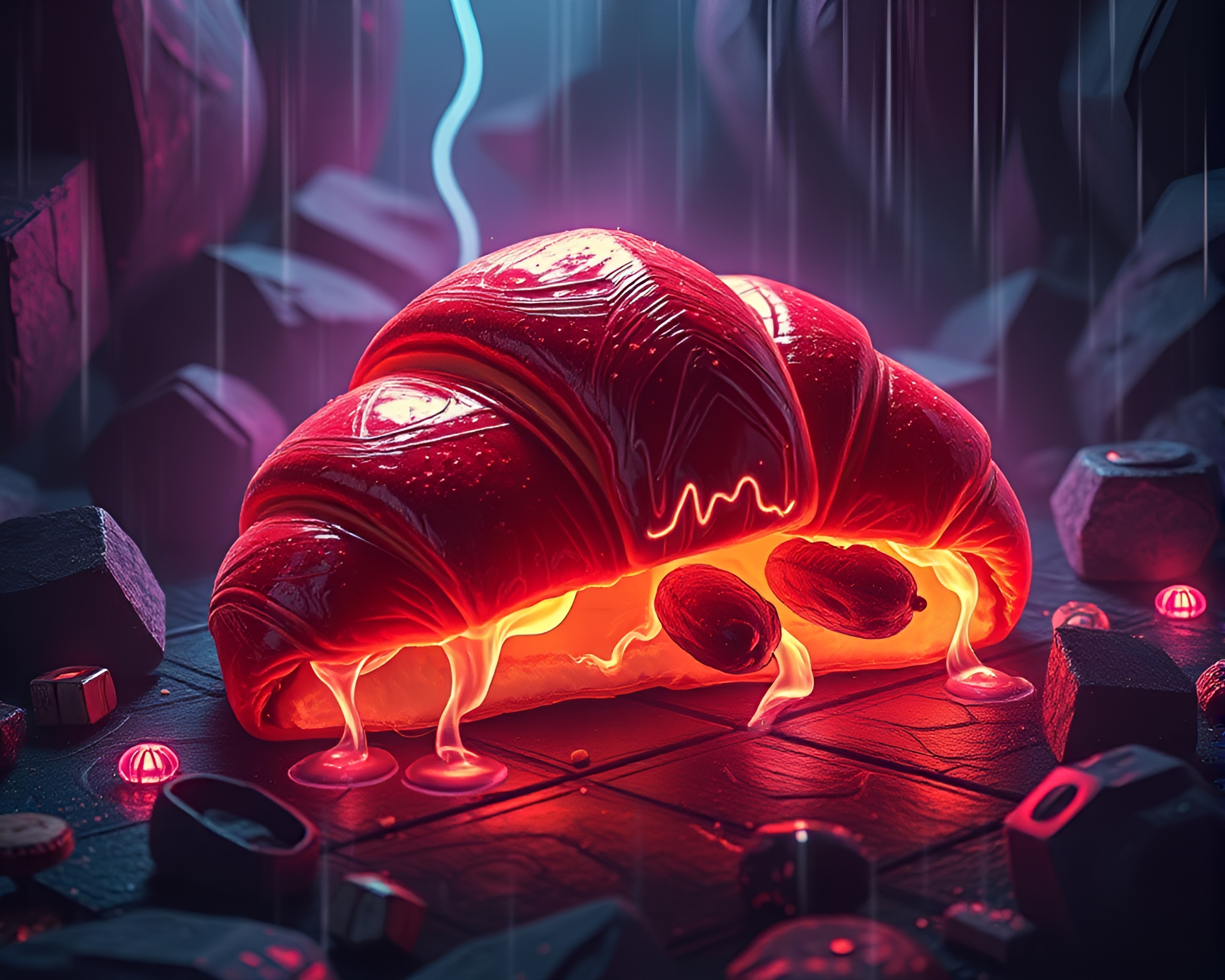 Dynamic Angle Croissant in Synthwave Dungeon Torchlight – free AI stock image