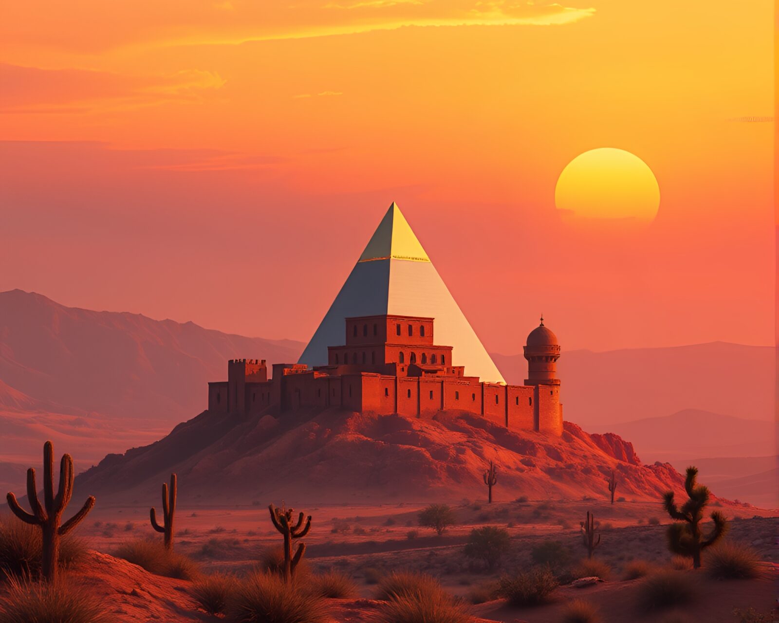 Geometric abstraction of warm hues in castle ruins at dusk