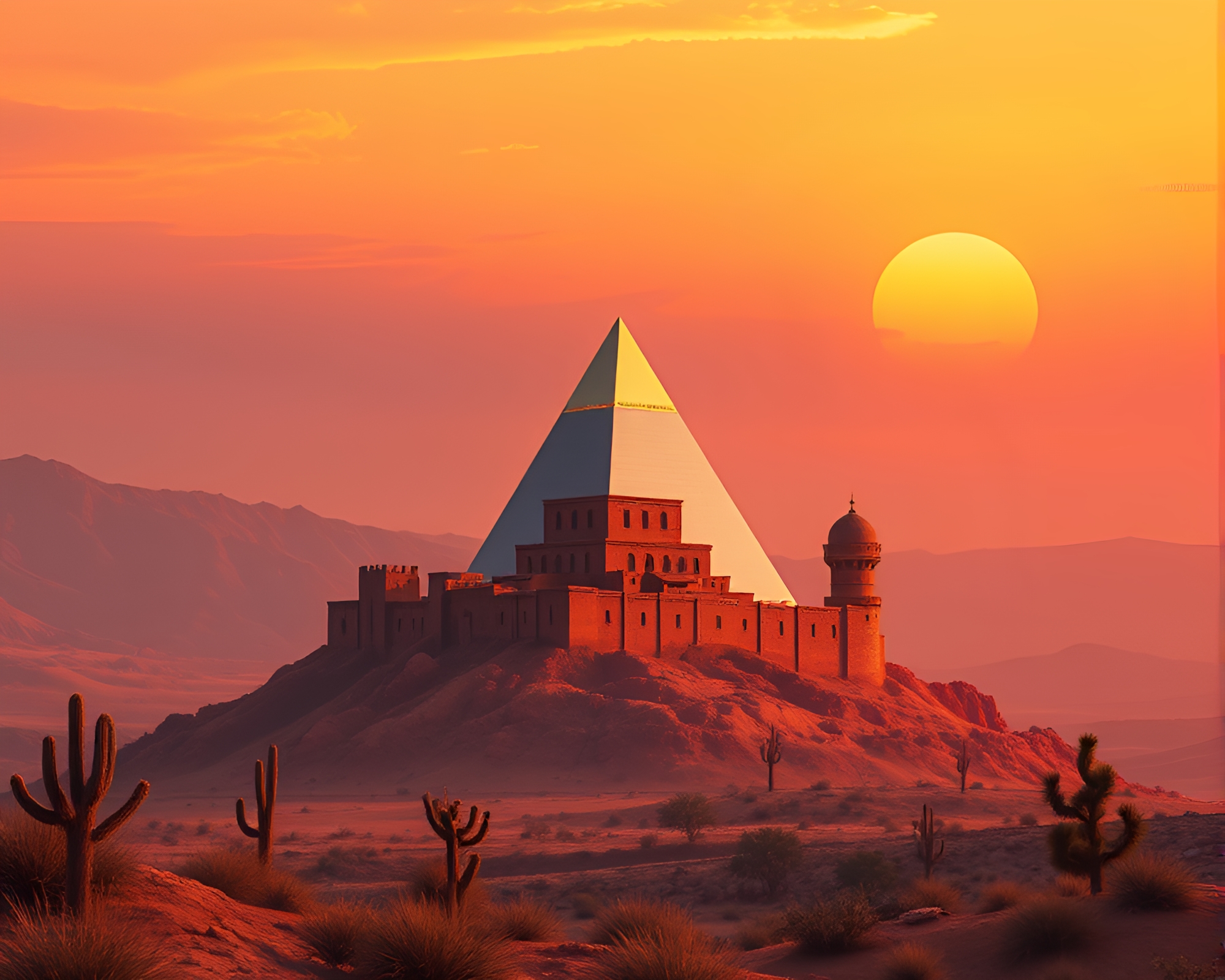 Prism Refractions in Deserted Castle at Sunset – free AI stock image