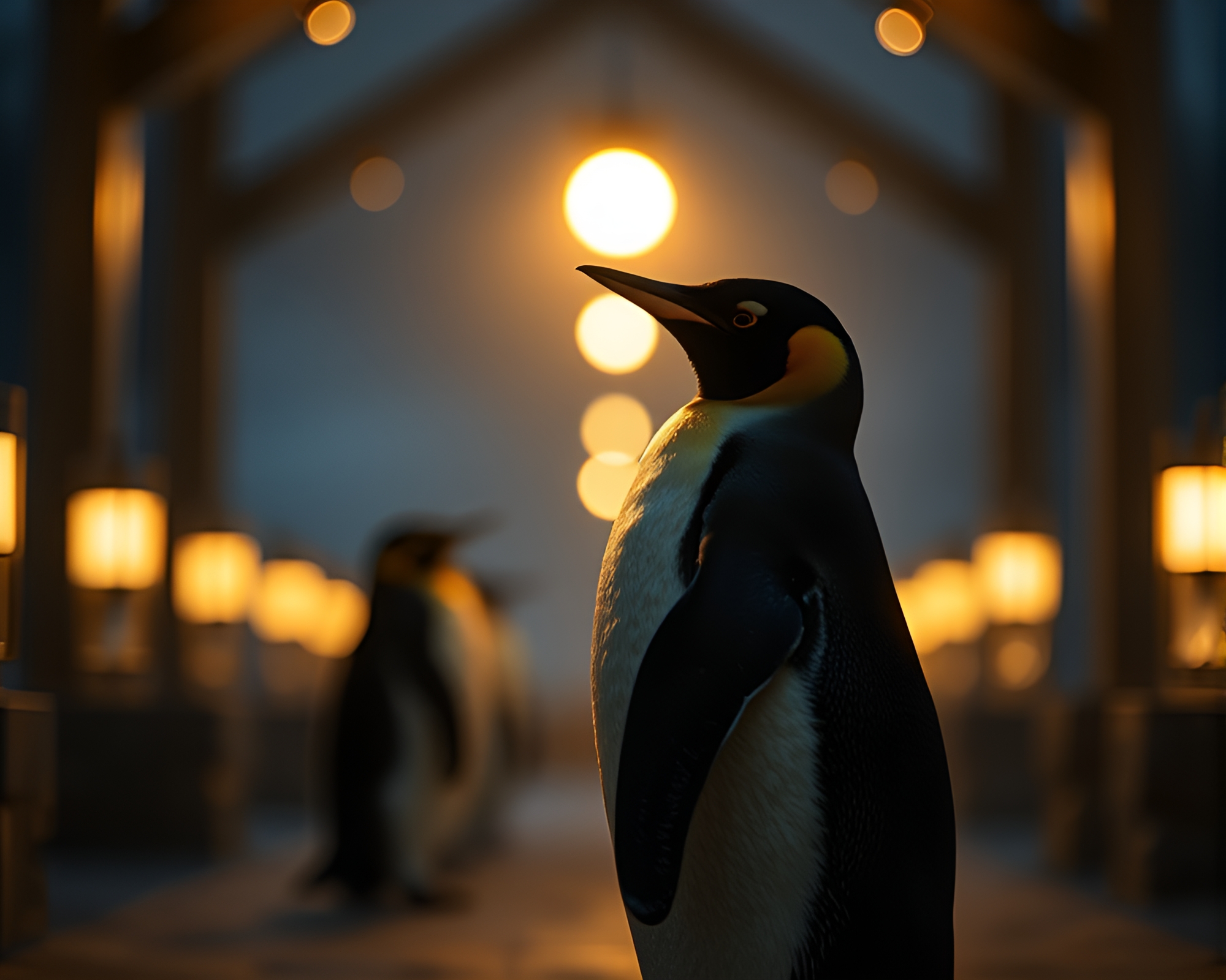 Charming Penguin Greeting in Porch Light Glow – free AI stock image