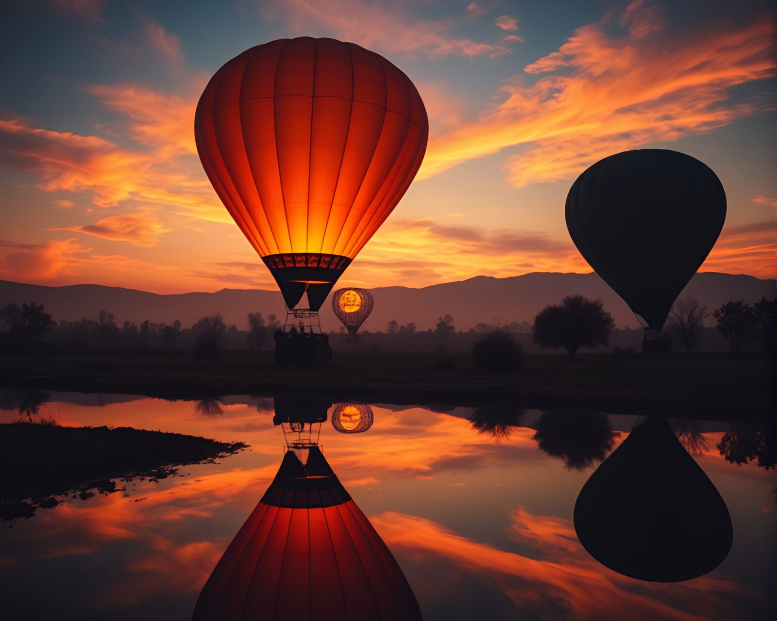 Magnificent telephoto shot of colorful hot air balloon reflection