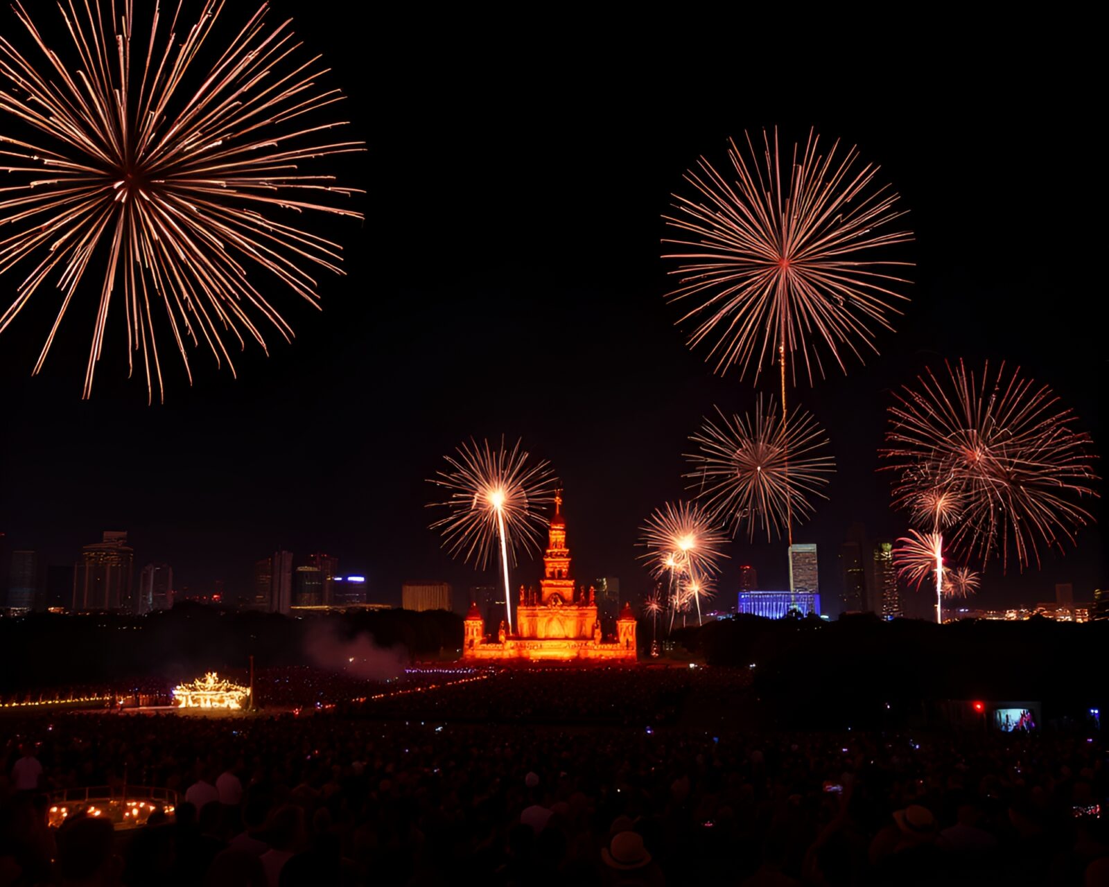 Vibrant night sky with glowing fireworks over a digital savannah