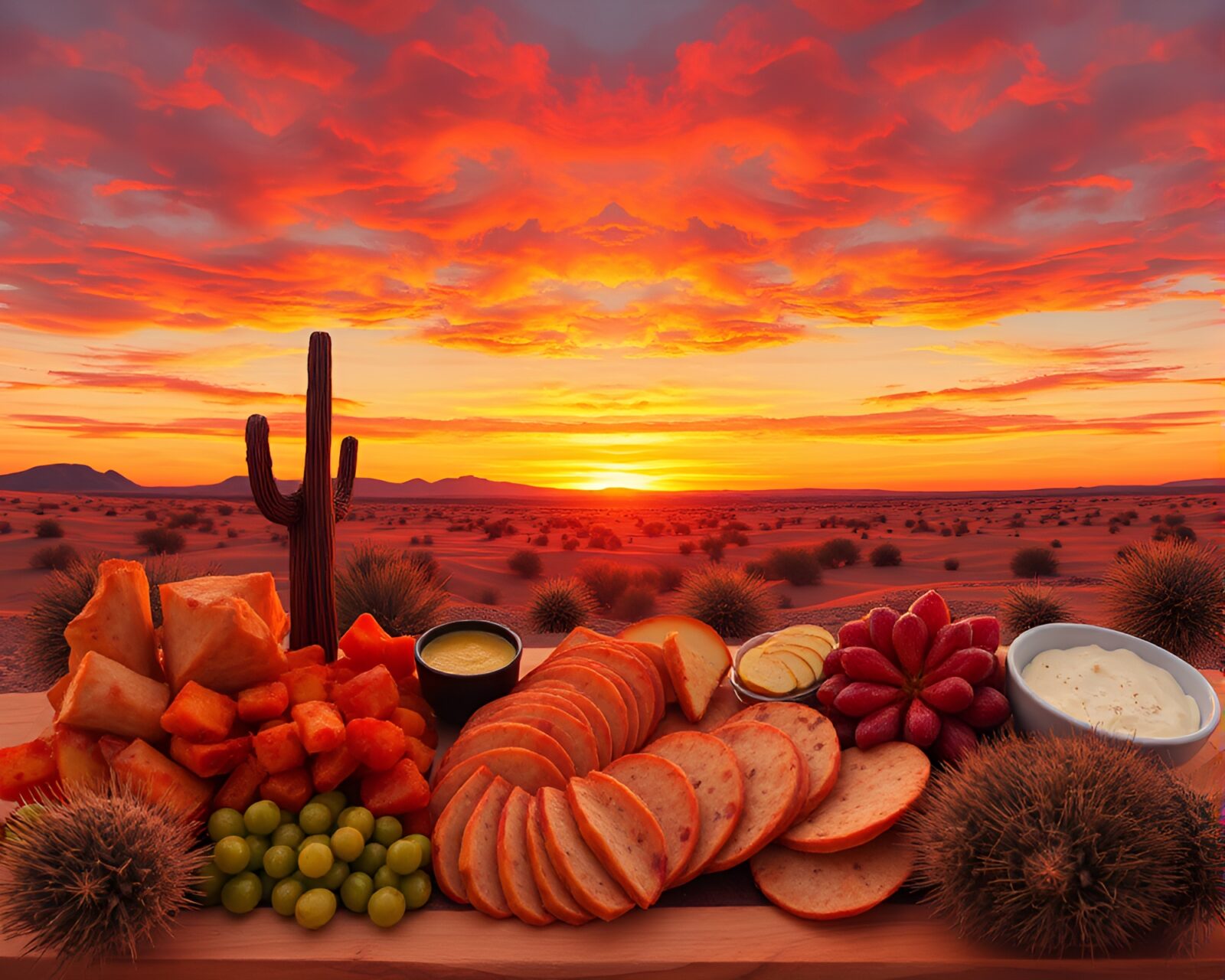 Vibrant kinetic art charcuterie board under desert sunset light