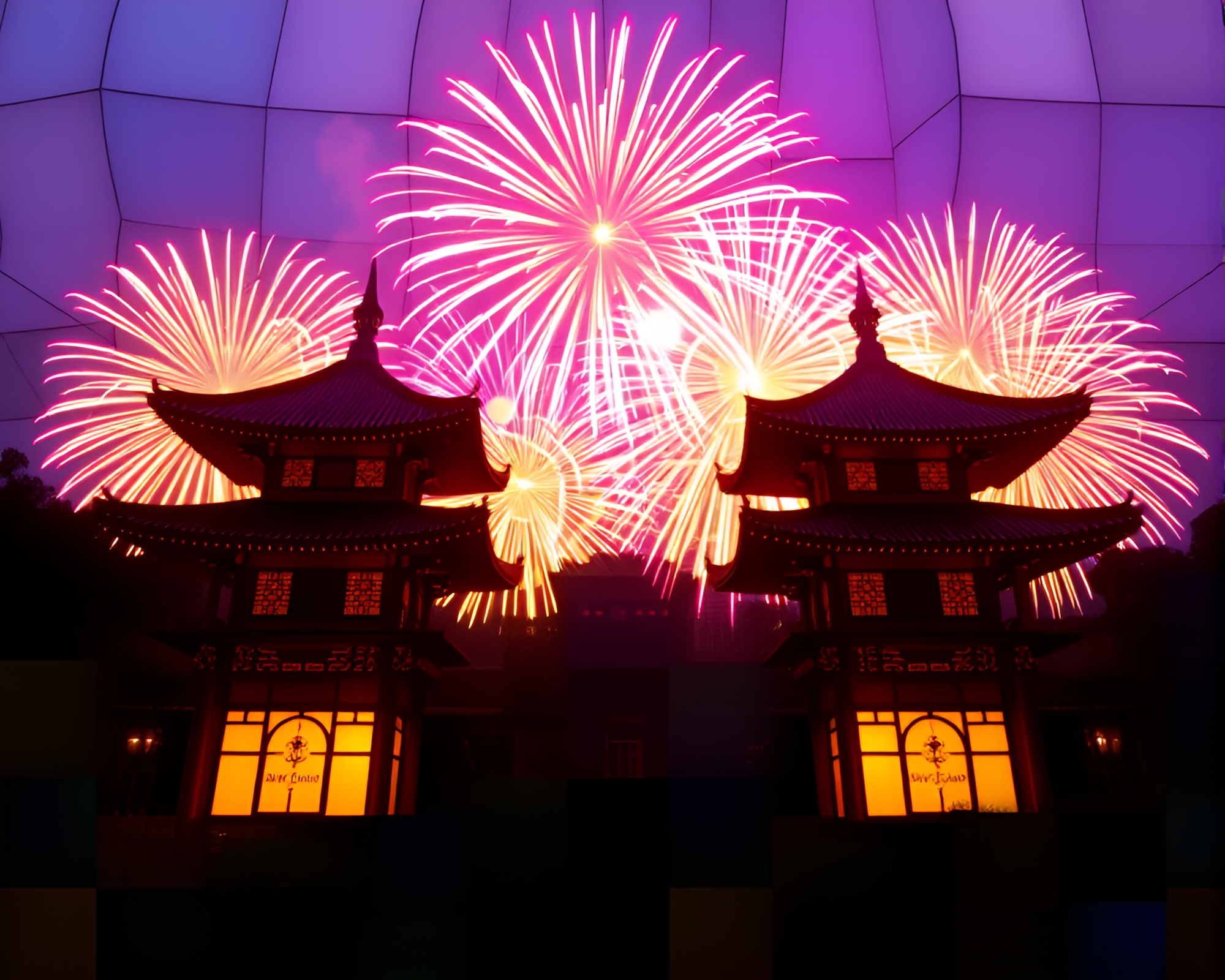 Pagoda Fireworks Illuminated in Stained Glass Sky – free AI stock image