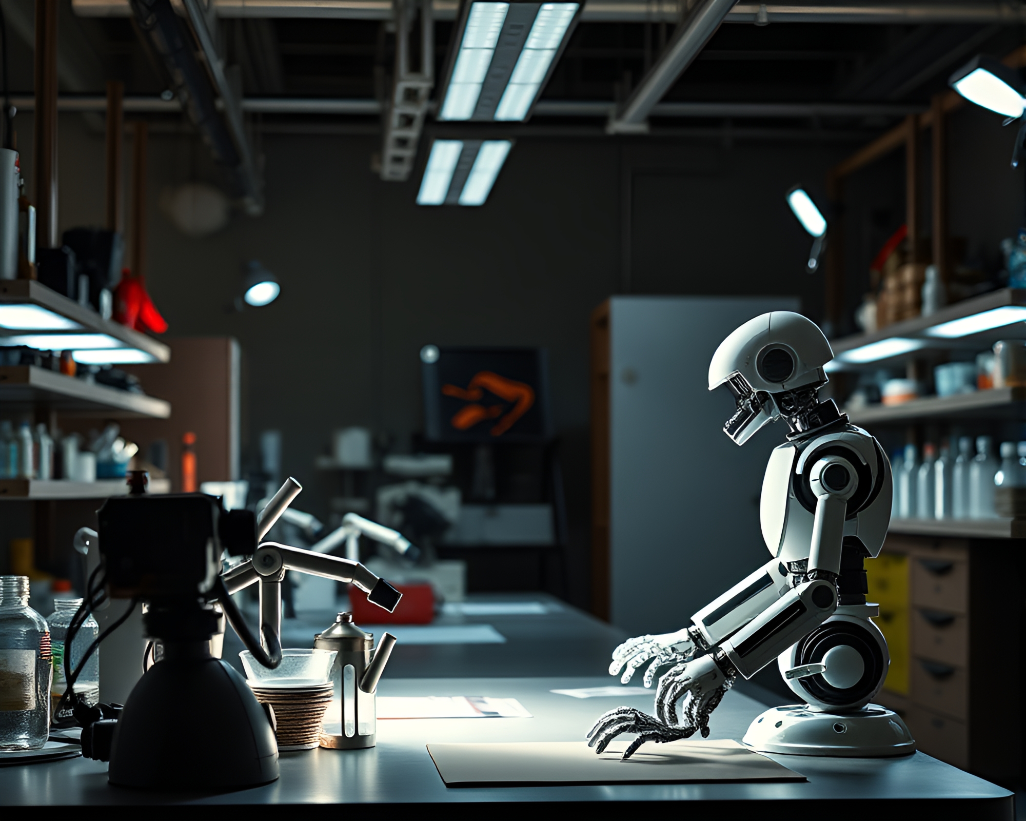 Robotic Laboratory Collage Cutouts in Solar Flare Glow – free AI stock image