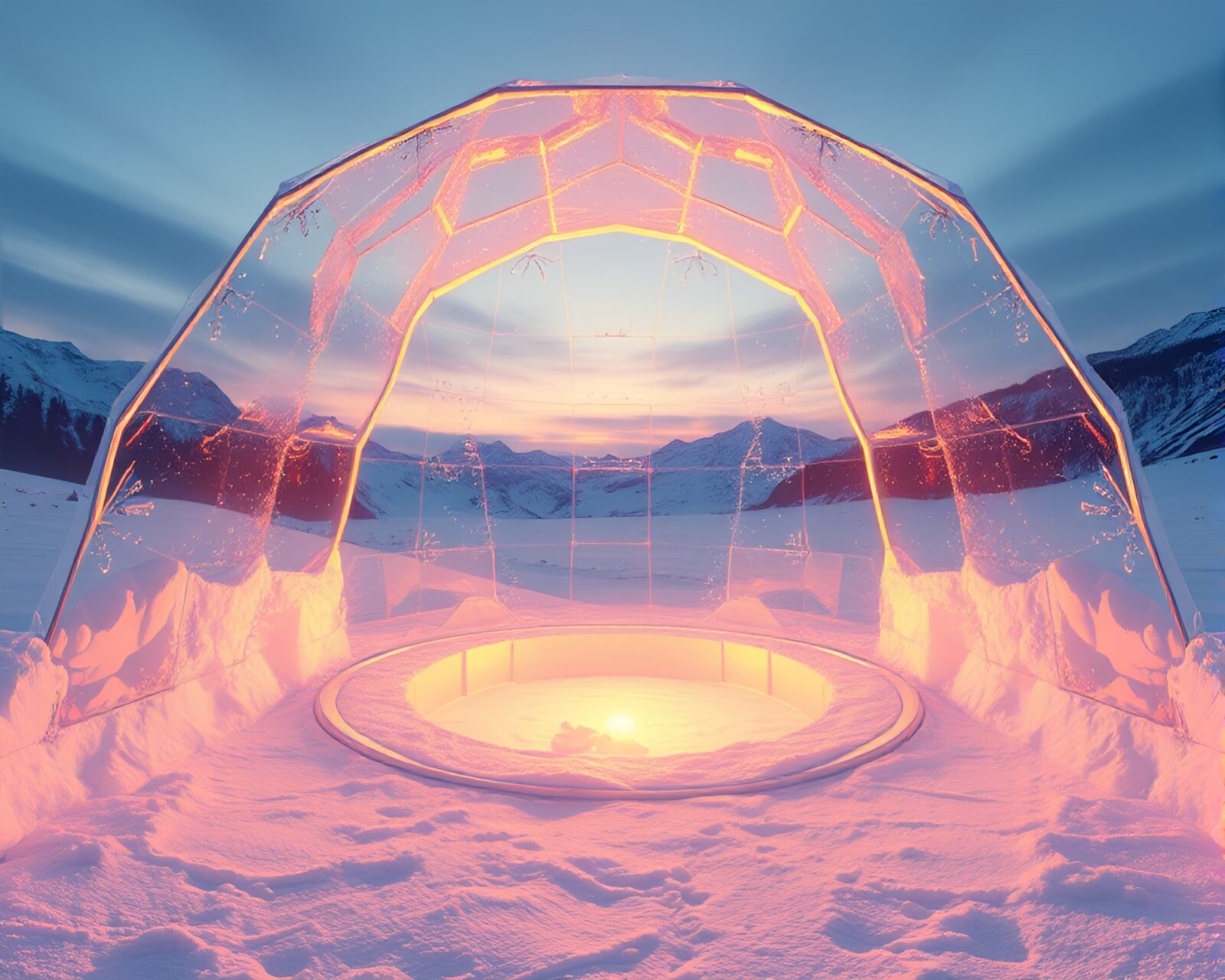 Wide-angle view of glass igloos glowing in golden hour light