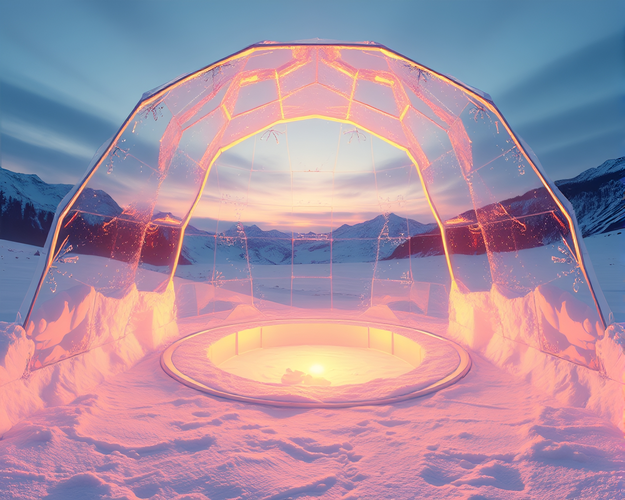 Glass Igloo Field at Sunset in Medical Illustration – free AI stock image