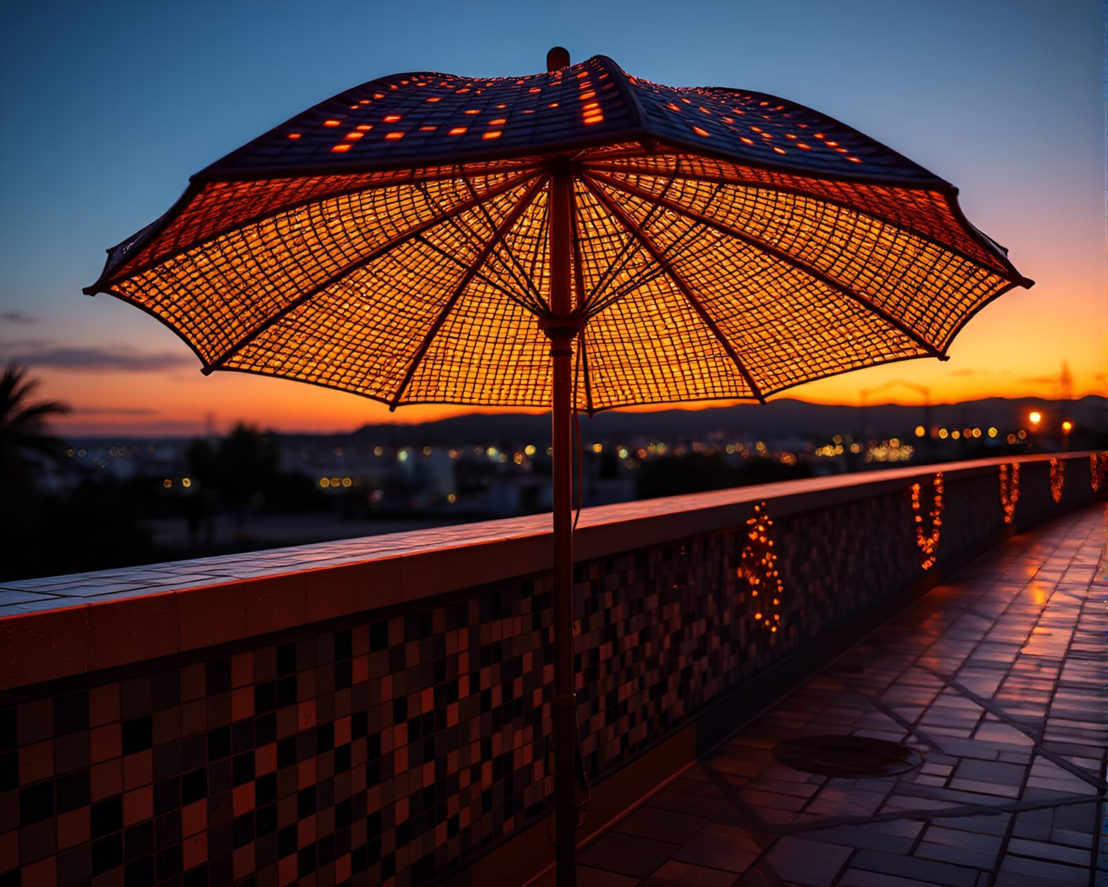 Real-time ray tracing neon umbrella in dusk mosaic
