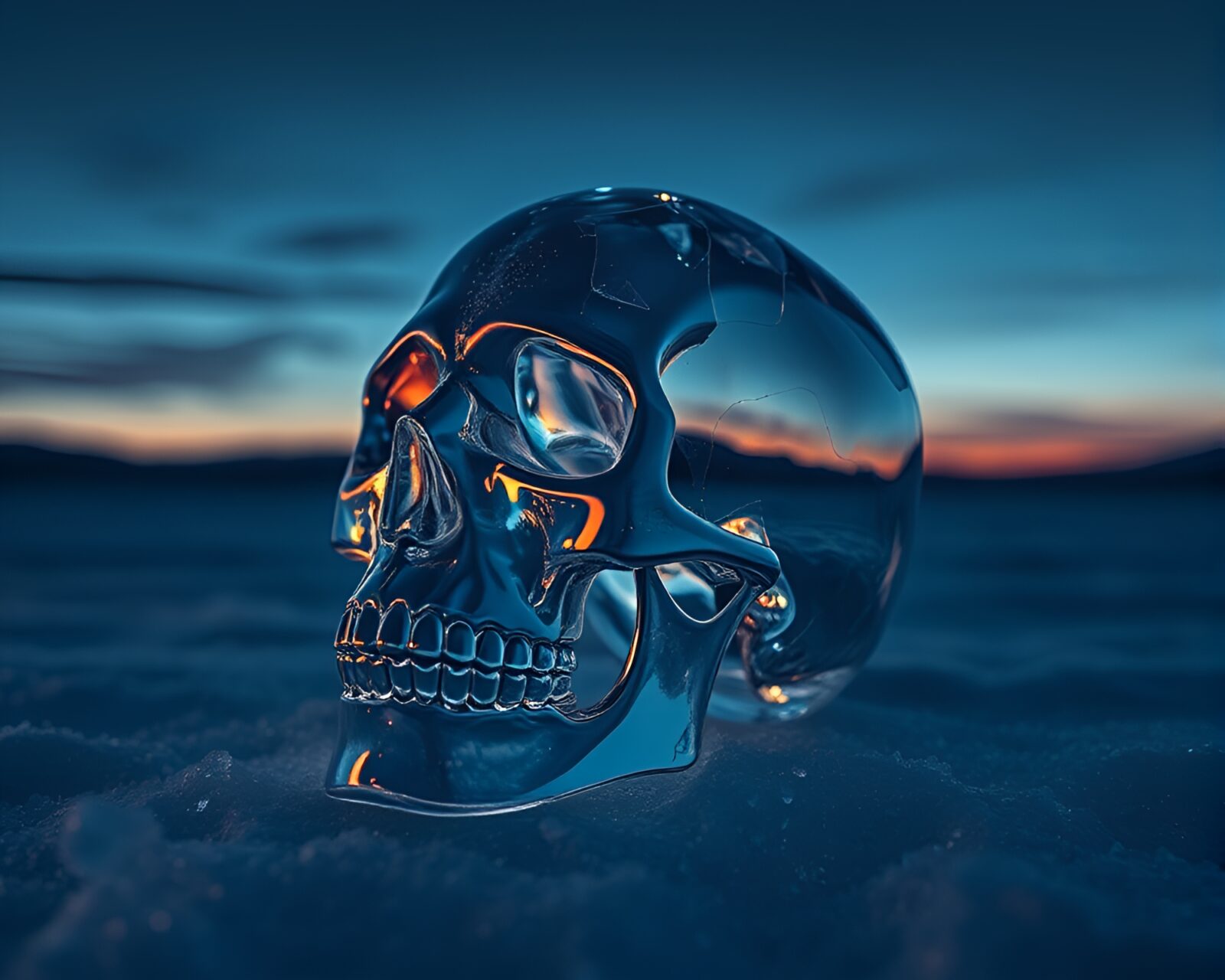 Crystal skull surrounded by broken glass, glowing in twilight