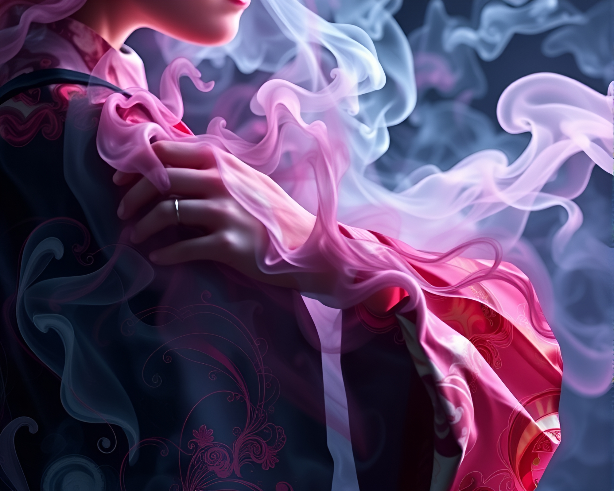 Ethereal Smoke Rings Dancing Around Glitch-Colored Silk Kimono – free AI stock image