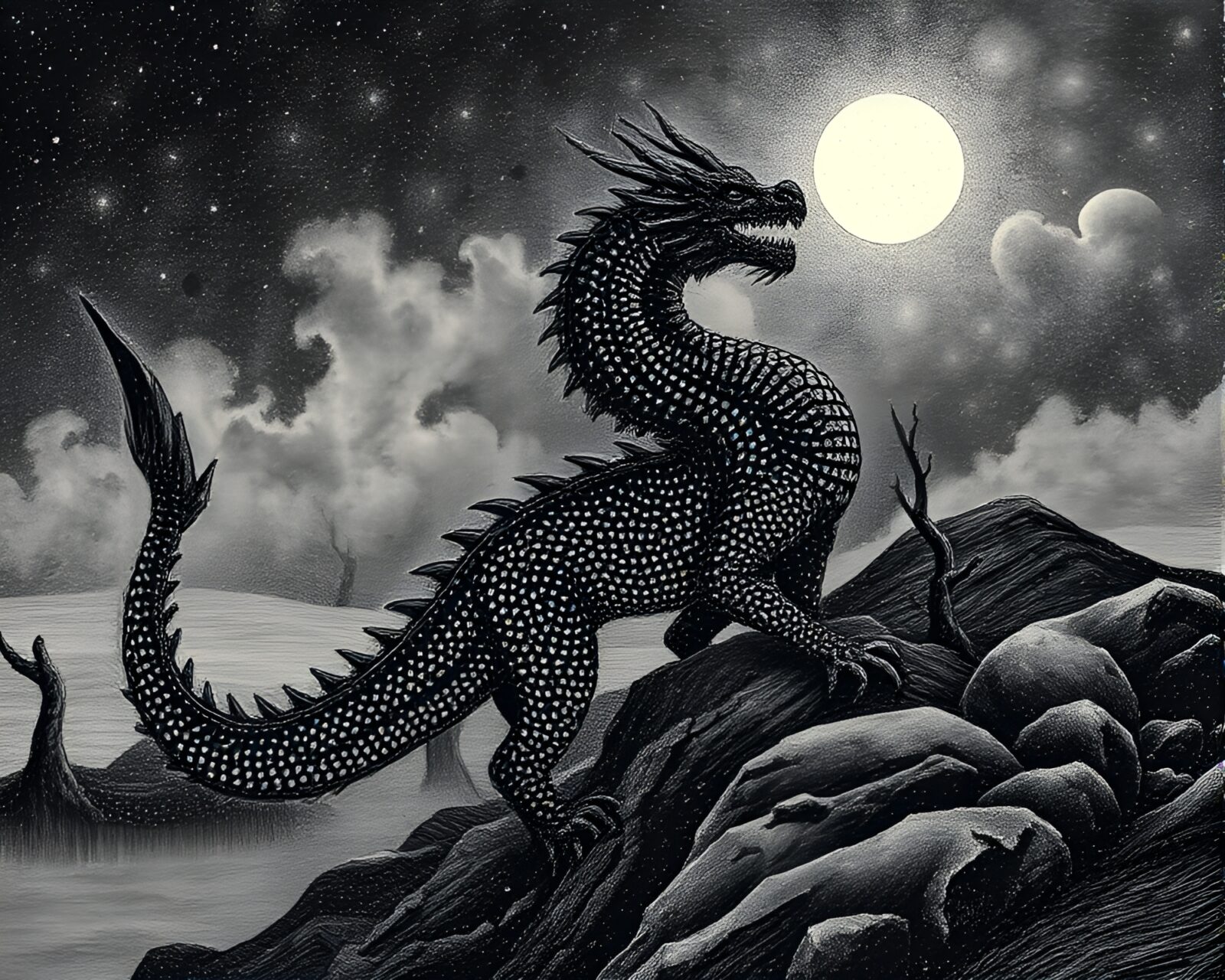 Fantastical landscape with a celestial dragon in cross-processed look