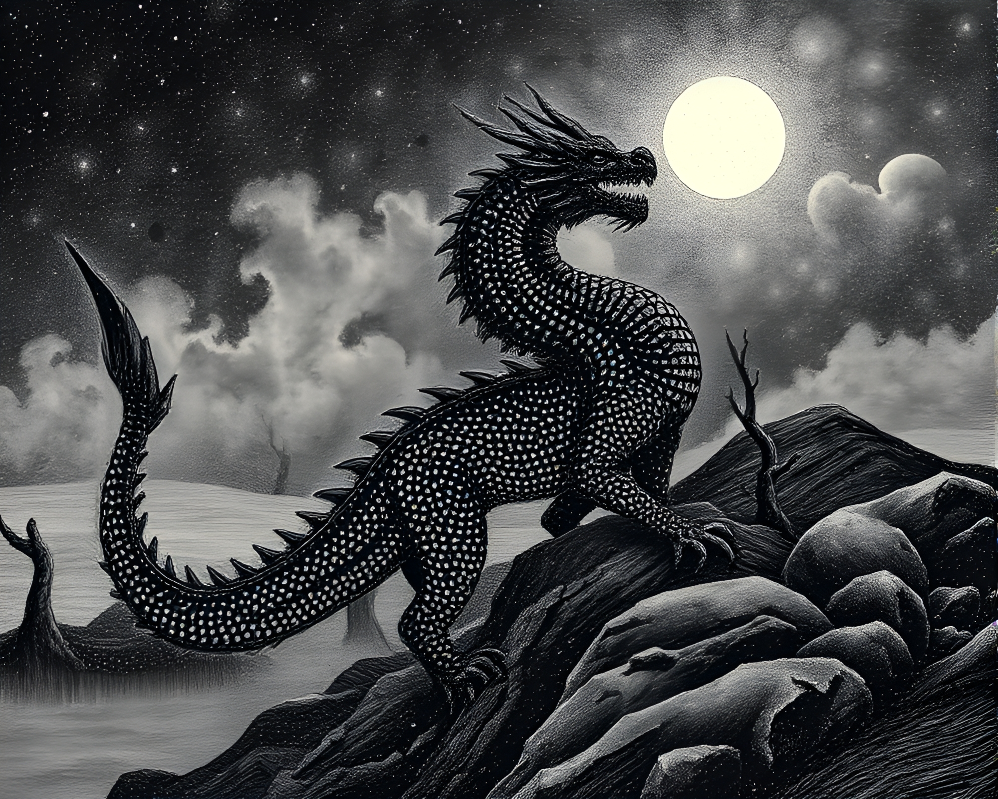 Celestial Dragon Dot Matrix Landscape Etching – free AI stock image