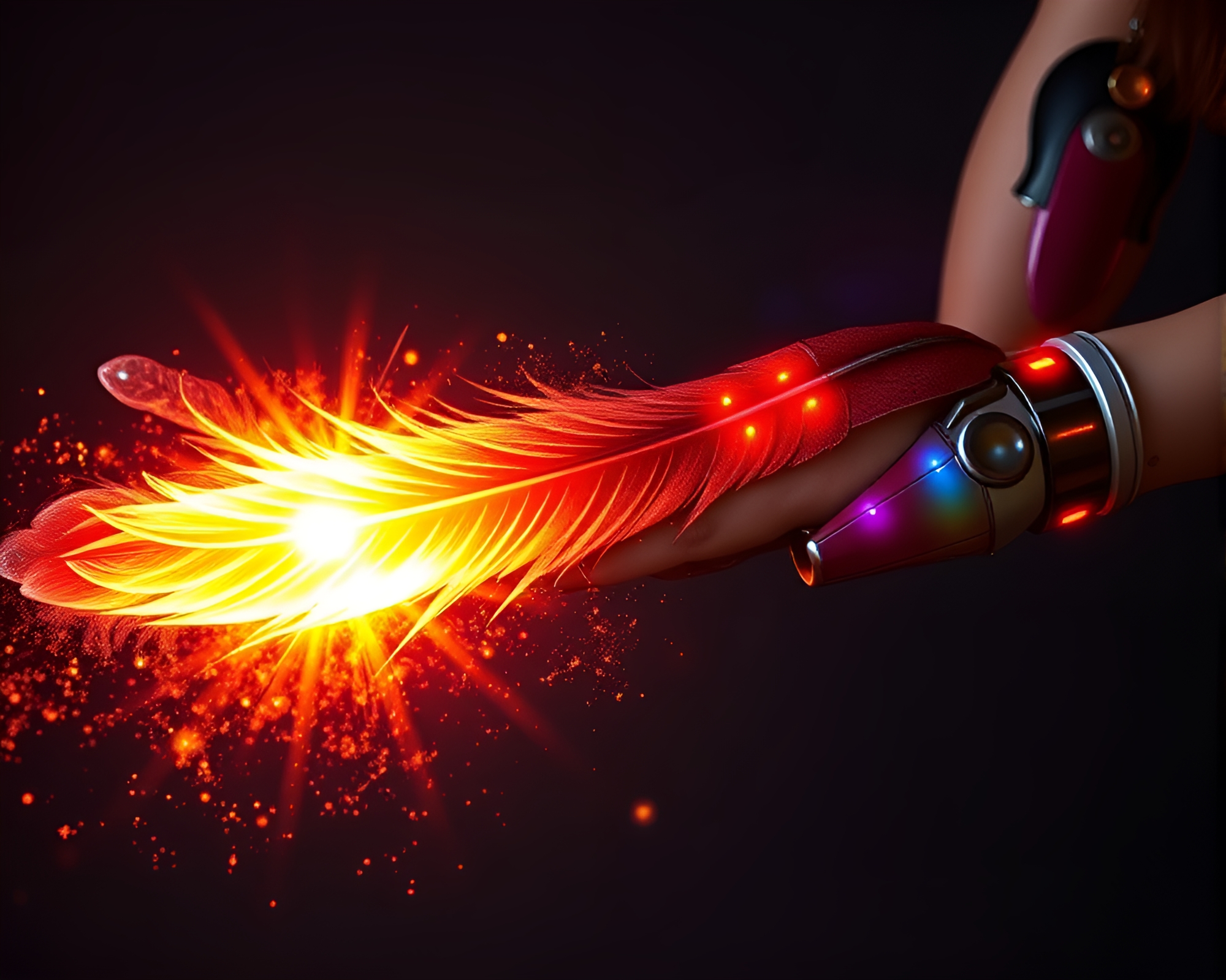 Feather Dusting Robot Arm in Solar Flare Glow – free AI stock image
