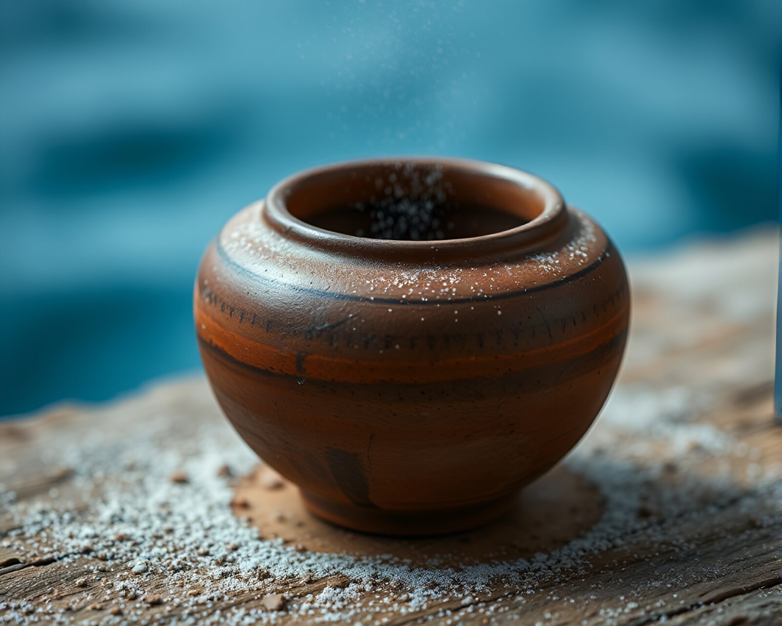 Rustic pottery covered in fine dust with blue hues