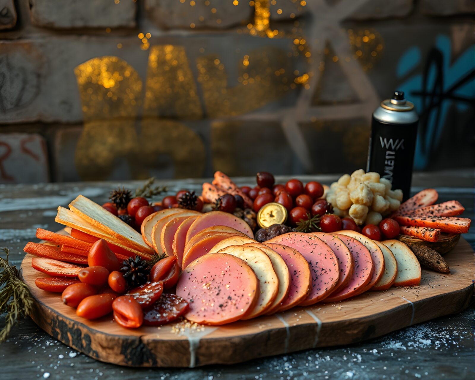 A misty dawn setting with a graffiti-style charcuterie board adorned with gold foil highlights.
