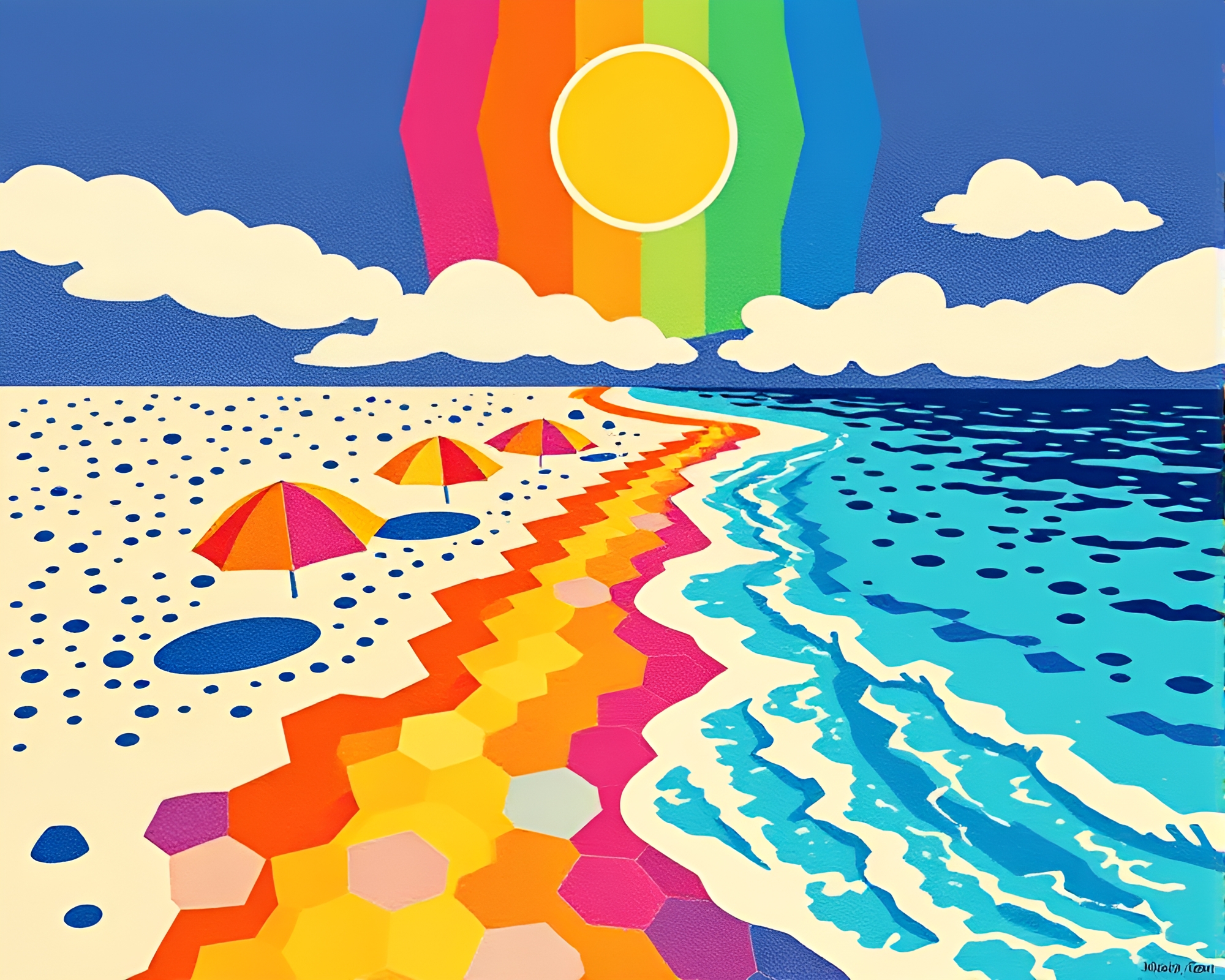 Hexagonal Rainbow Beach Paradise Linocut Print – free AI stock image