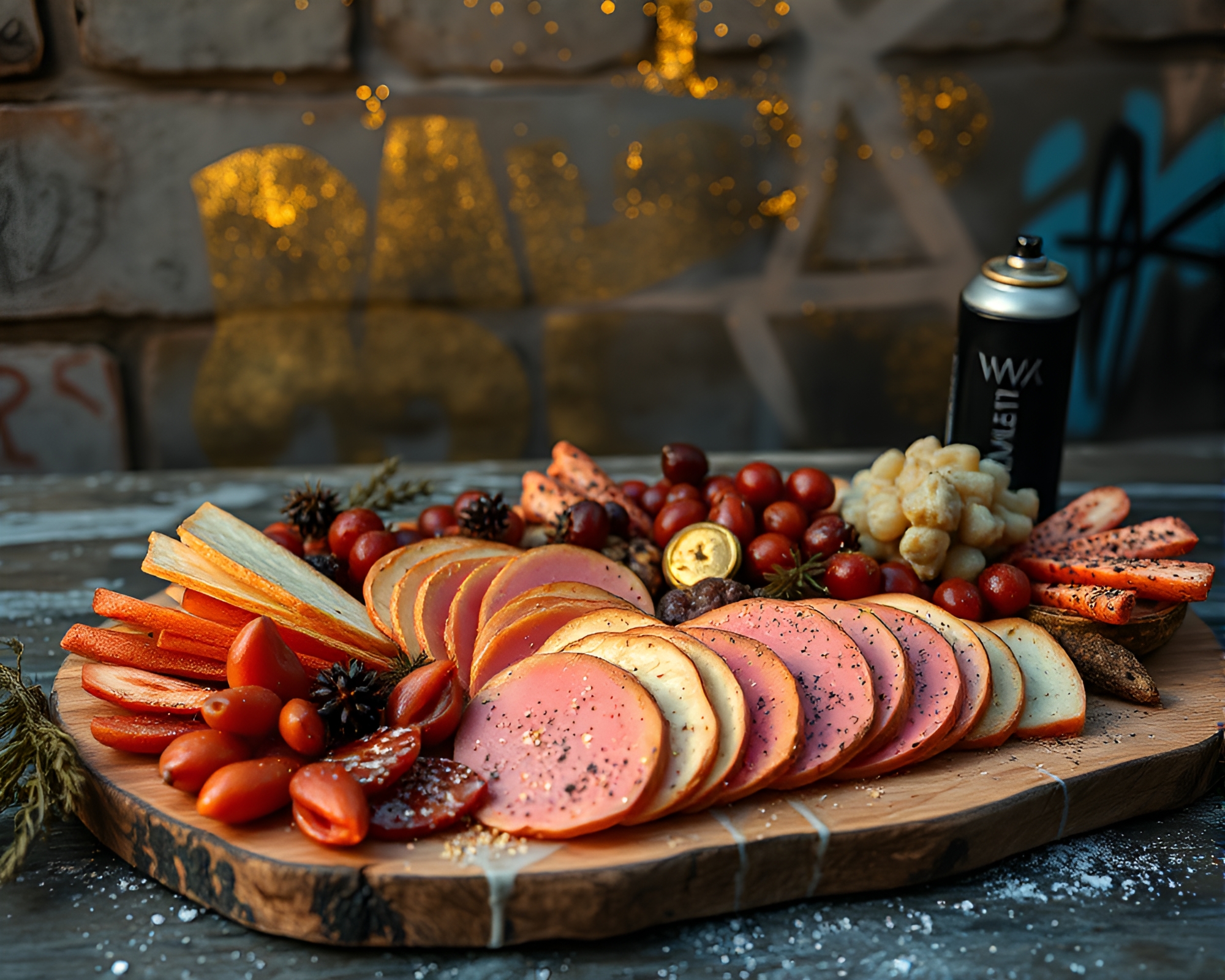Graffiti Charcuterie: Misty Dawn with Gold Foil Accents – free AI stock image