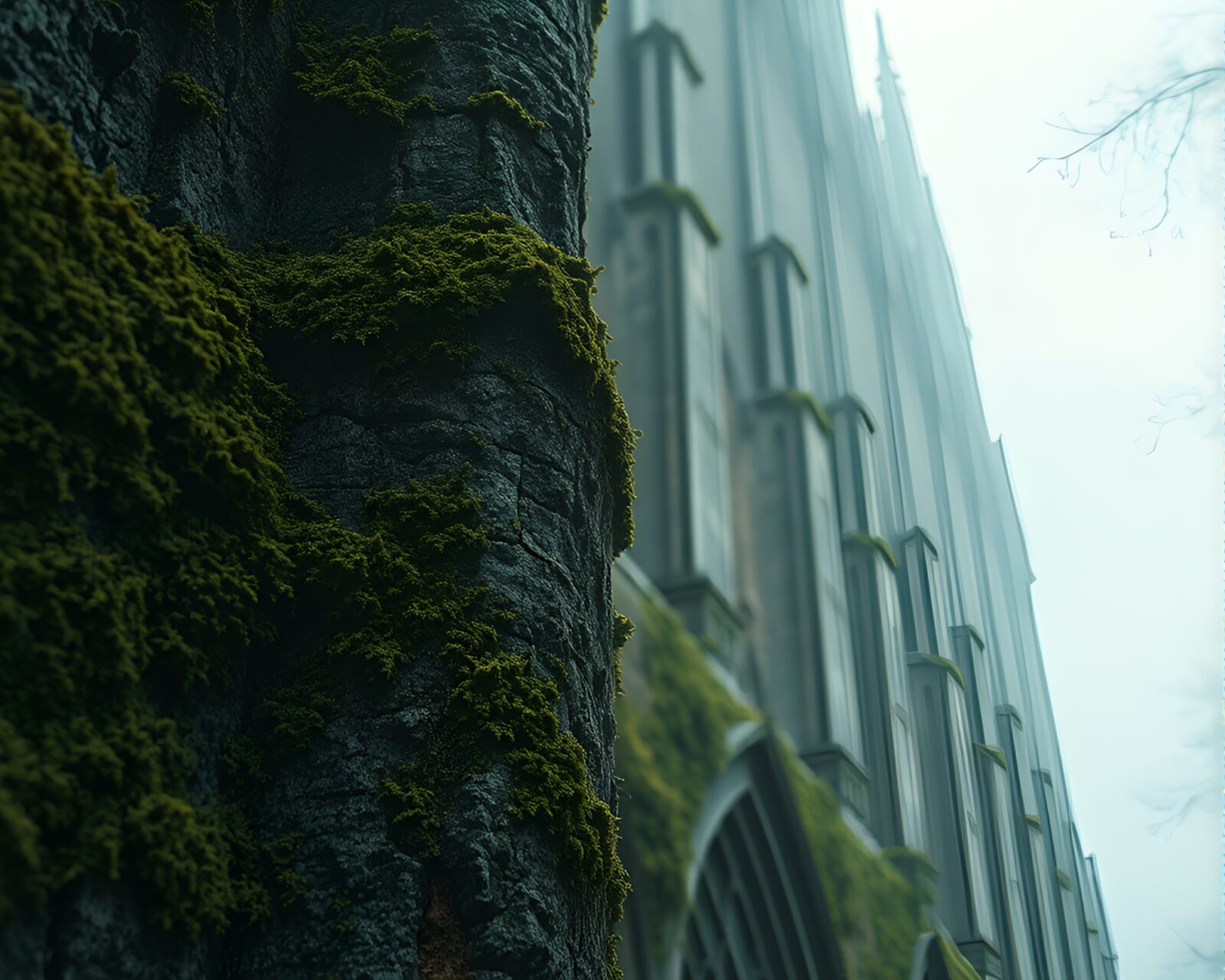 Soft focus image of lichen-covered gothic cathedral in dreamy light