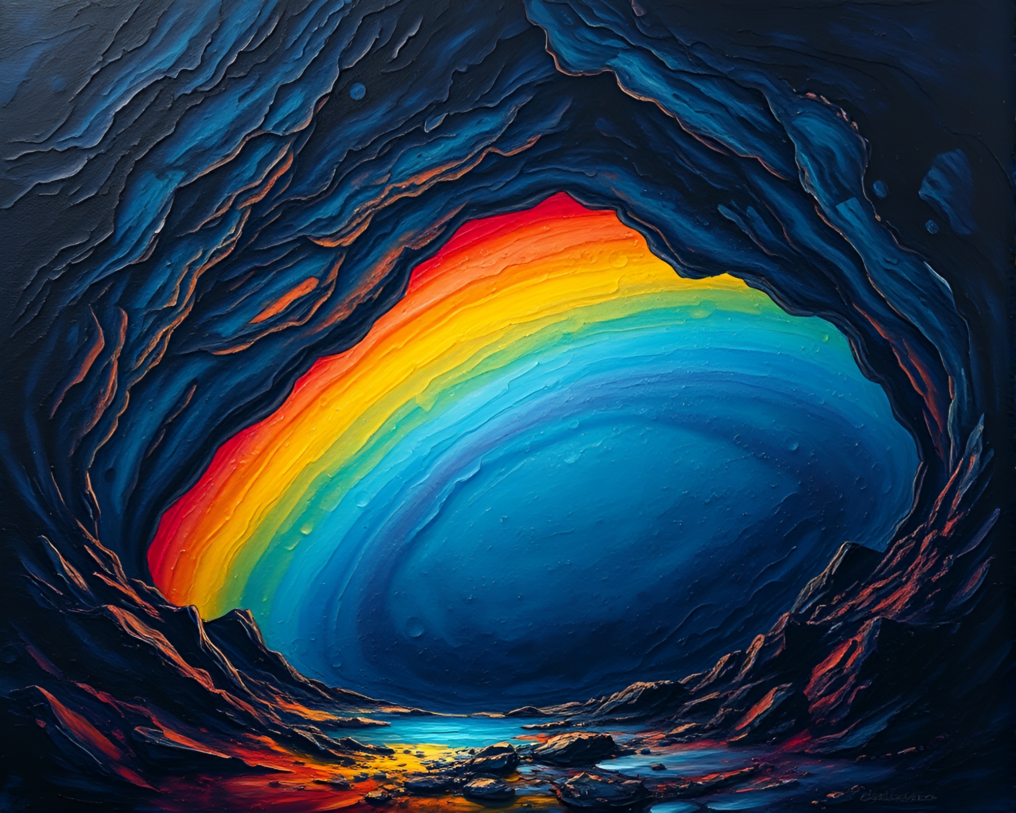 Enchanting Cave: Oil Slick Rainbow Fantasy – free AI stock image