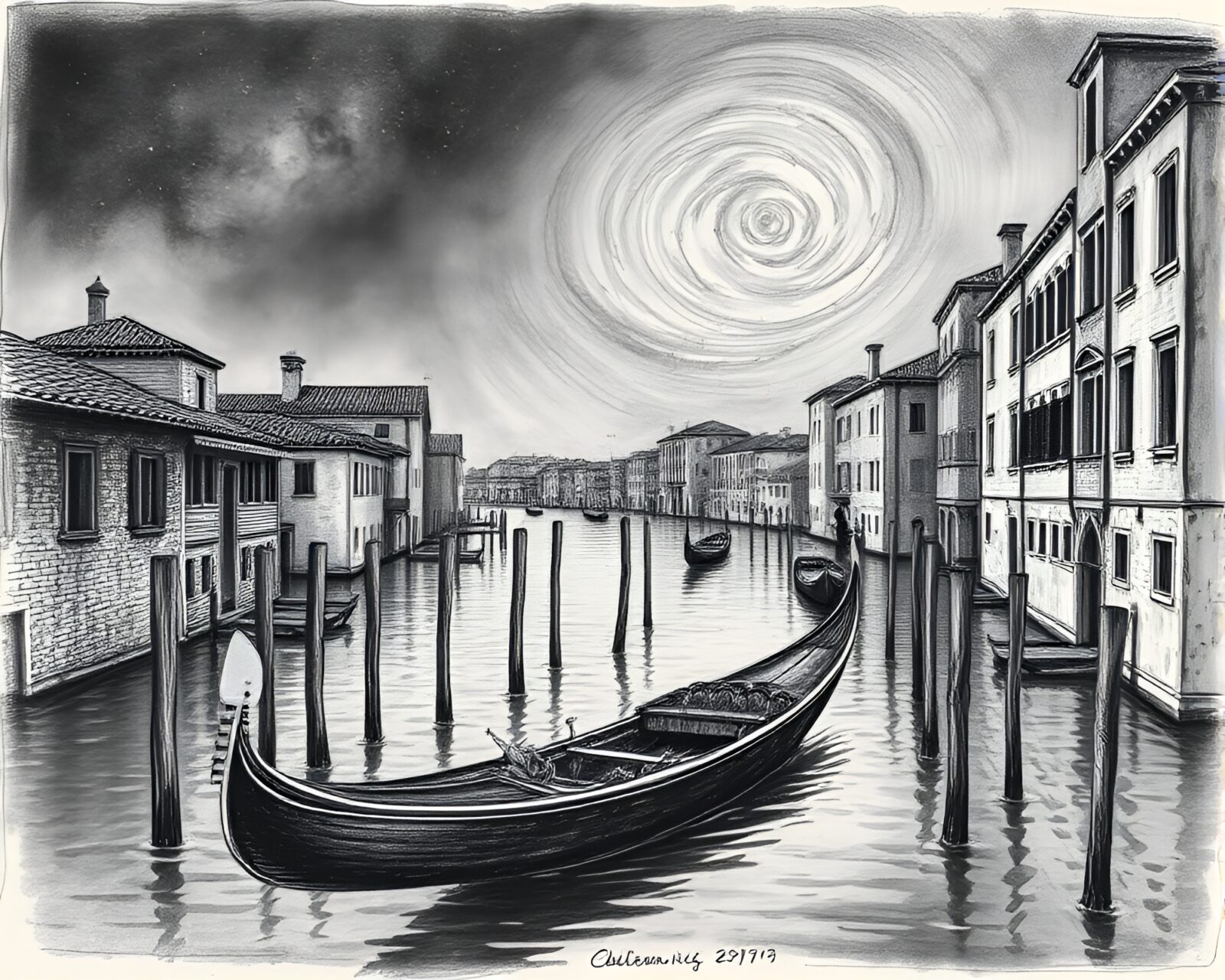 A mystical landscape etching showing a Venetian gondola under starry skies