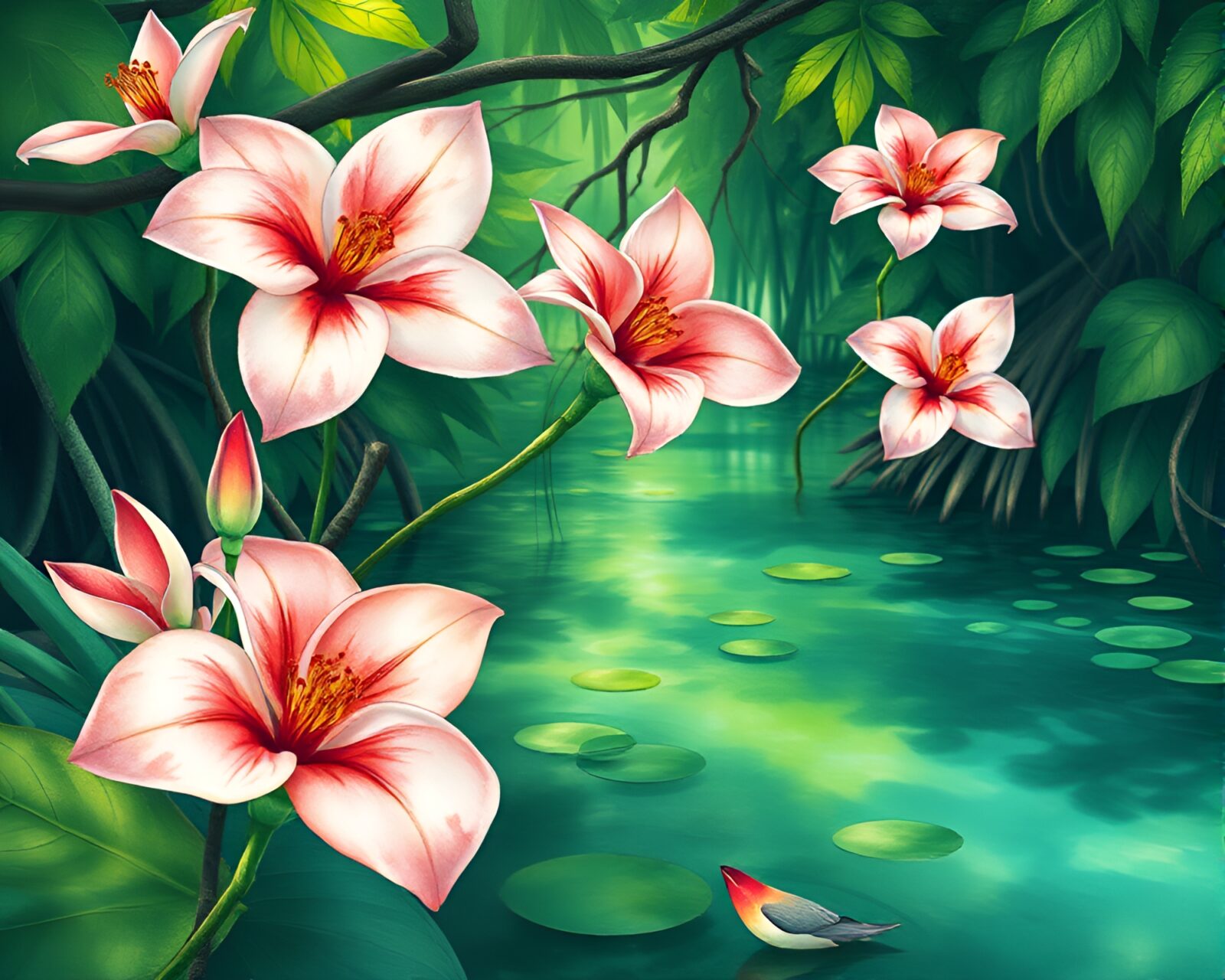 Vibrant watercolor painting of emerald green mangrove swamp