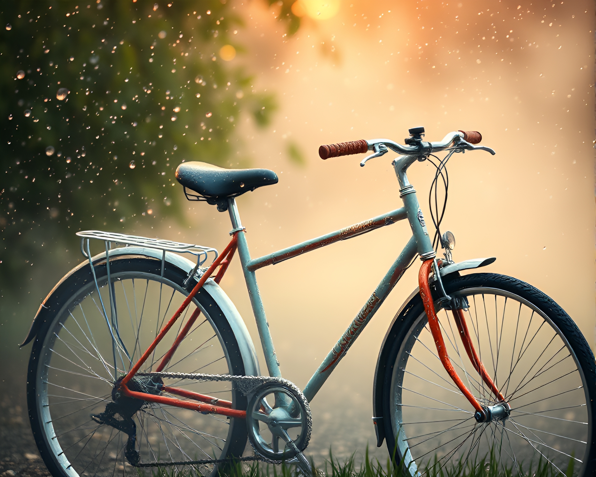 Sparkling Dew Drops on Vintage Bicycle in Pop Art Style – free AI stock image