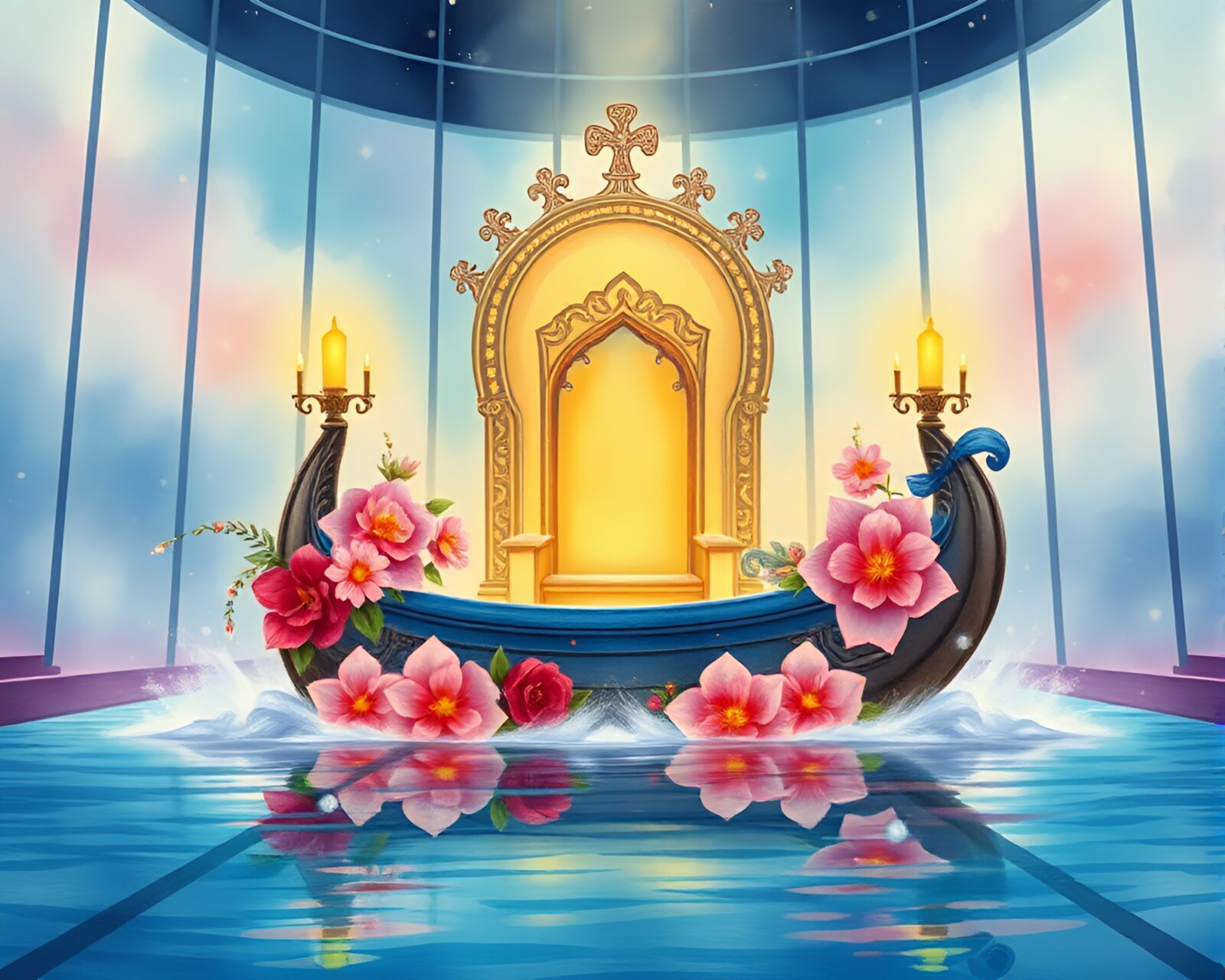 Graphic novel style artwork of a hydrofoil boat in a throne room glow amidst watercolor blooms