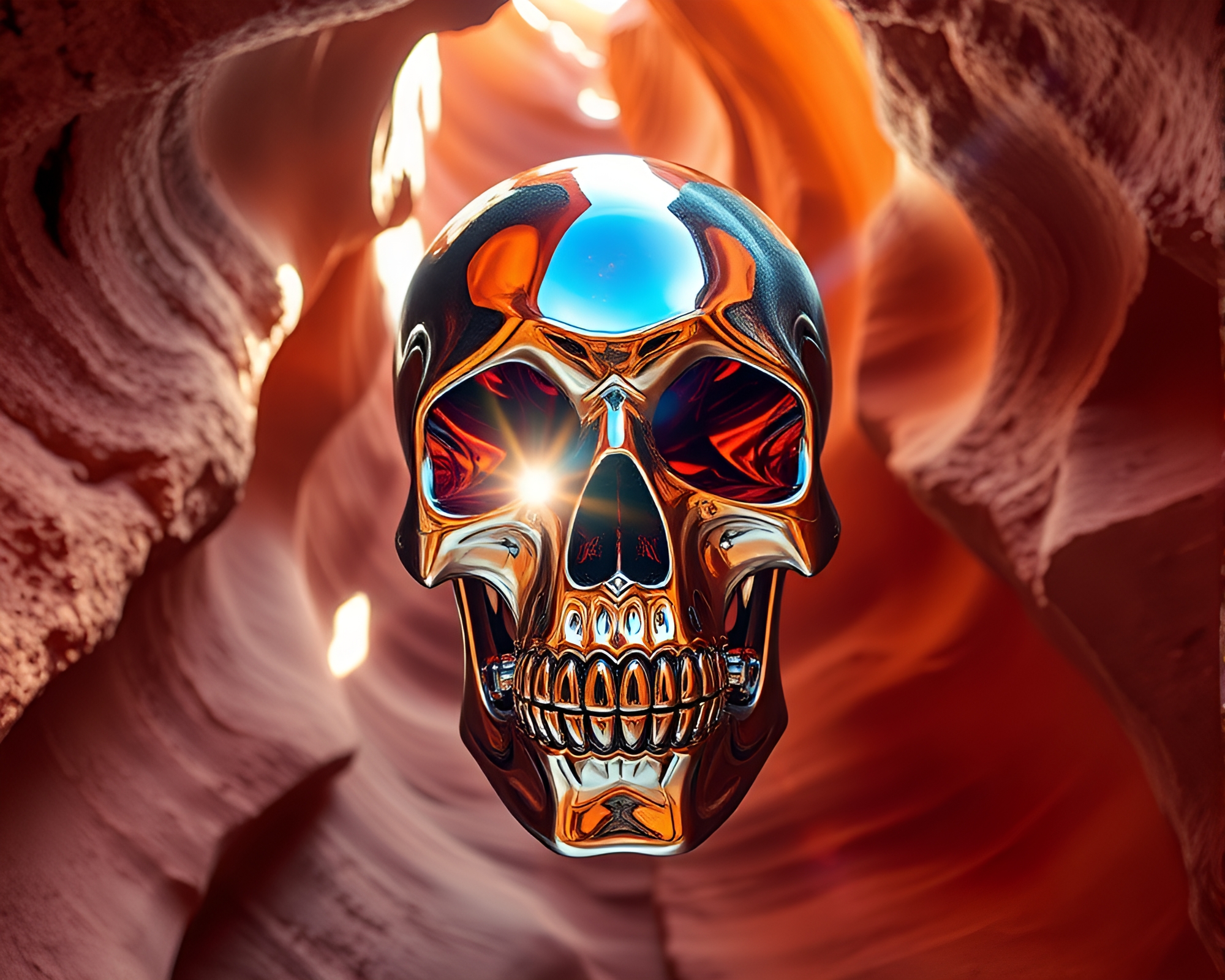 Glistening Crystal Skull in Canyon Rust Tones with Chrome Reflections – free AI stock image