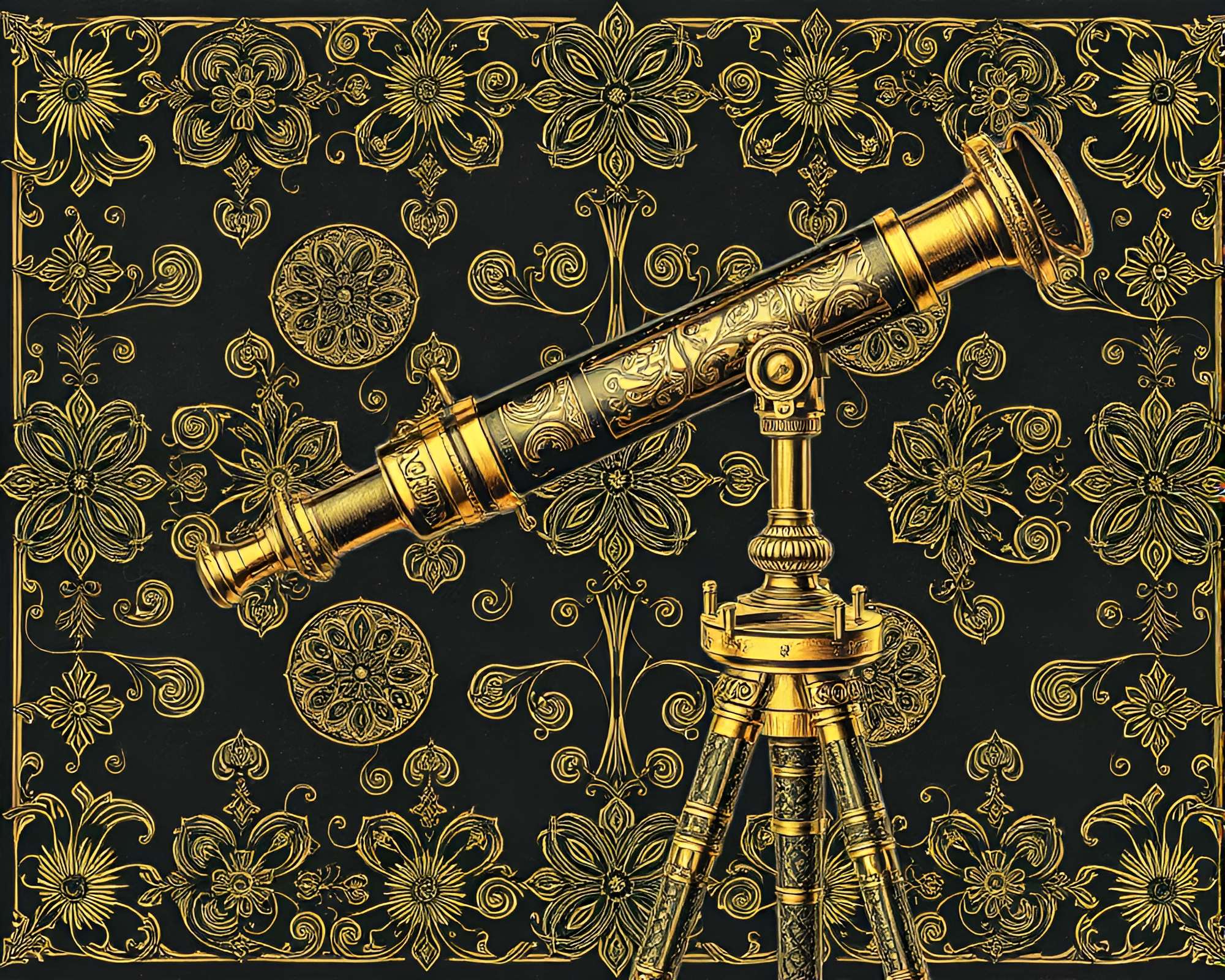 Brass telescope in intricate chalk savannah drawing – free AI stock image