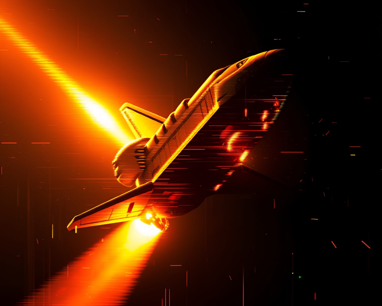 A futuristic space shuttle surrounded by glitch art with golden light