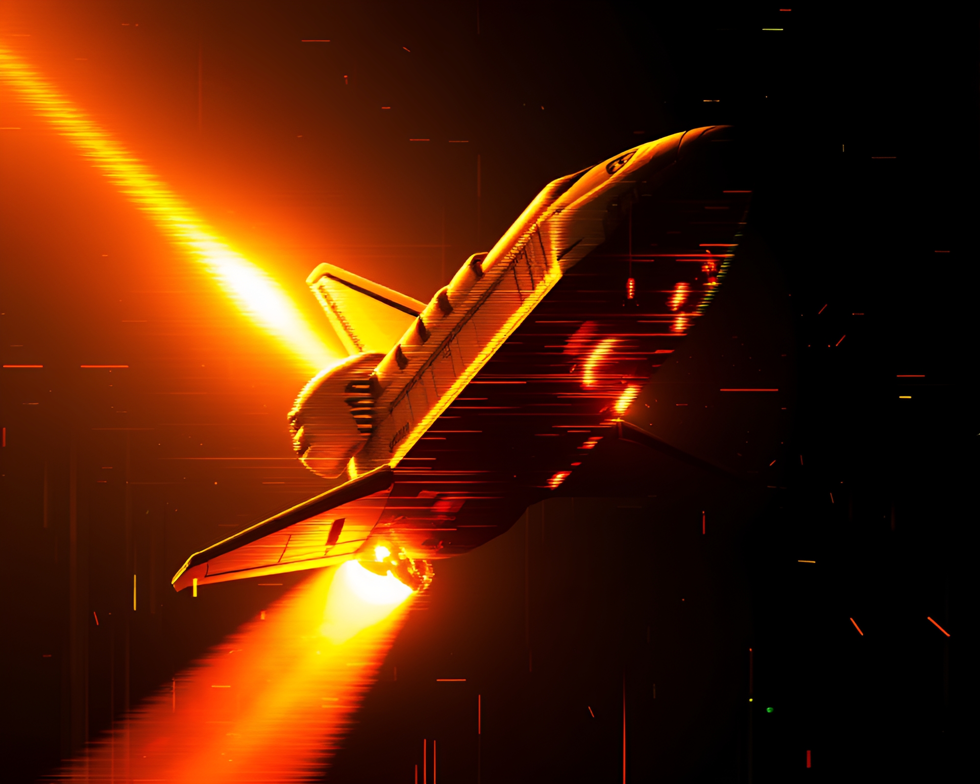 Glitch Artifacts Illuminating Space Shuttle in Golden Savannah Light – free AI stock image