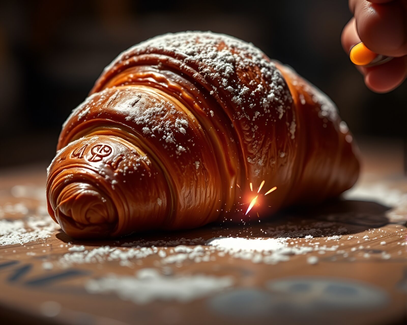 A dramatic spotlight focuses on an engraved croissant art piece