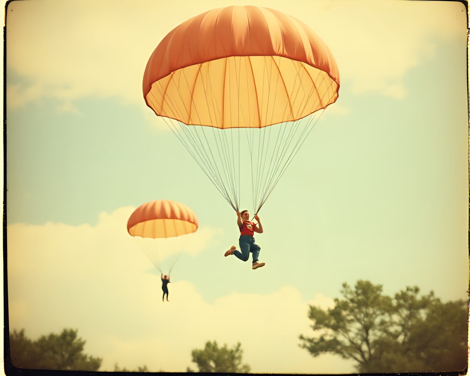 Vintage polaroid of parachutist surrounded by bubble clusters