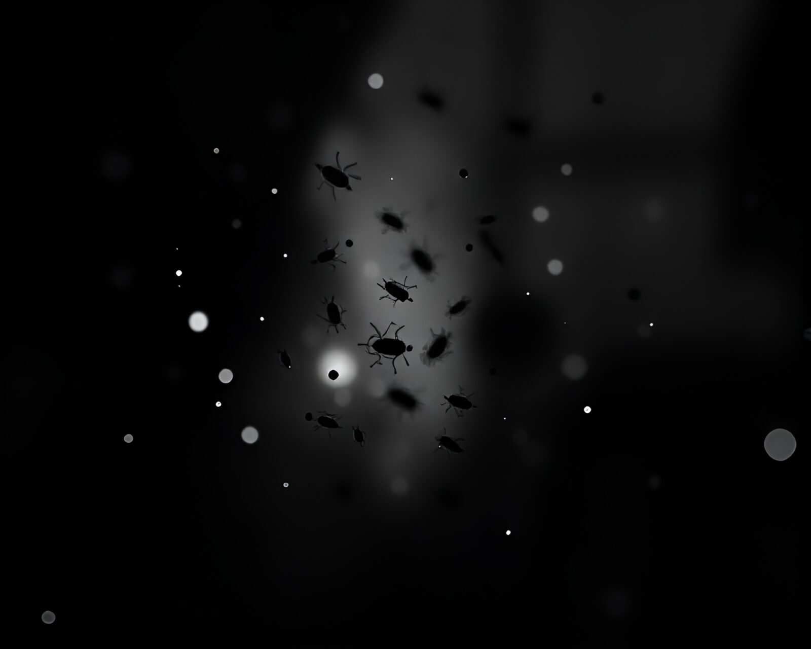 Black and white artistic rendering of nanobots in hazy shadow