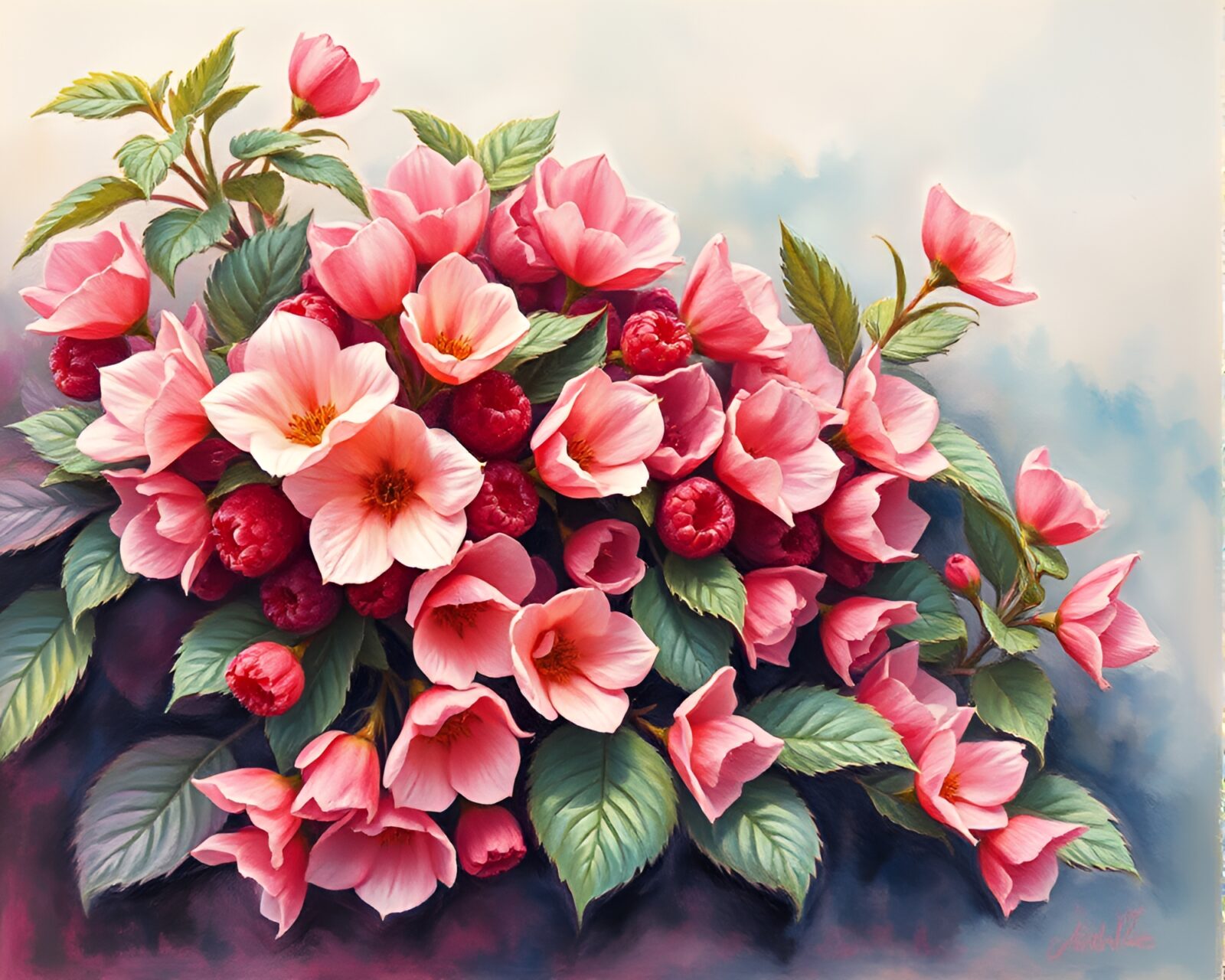 Soft pastel colored raspberry bush petals in gouache artwork
