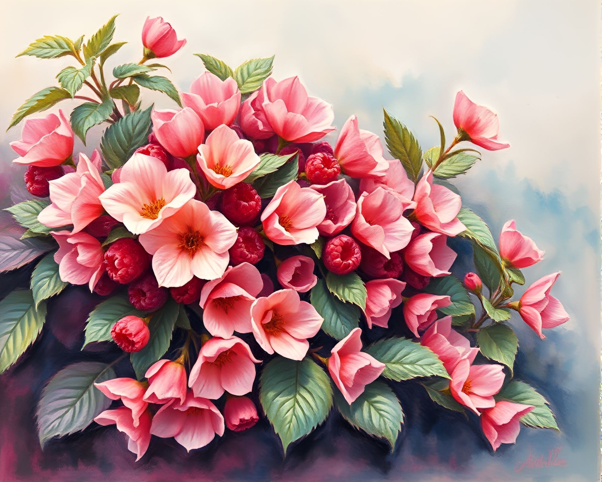 Raspberry Bush Gouache Painting with Petal Composition – free AI stock image